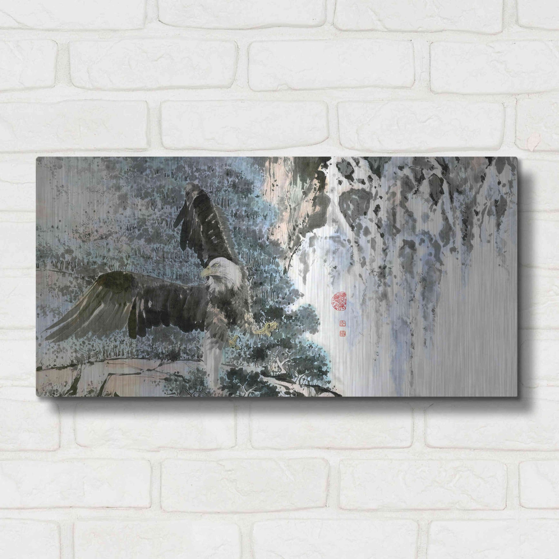 Luxe Metal Art 'Bald Eagle Over Cascading Waterfalls' by River Han, Metal Wall Art,24x12