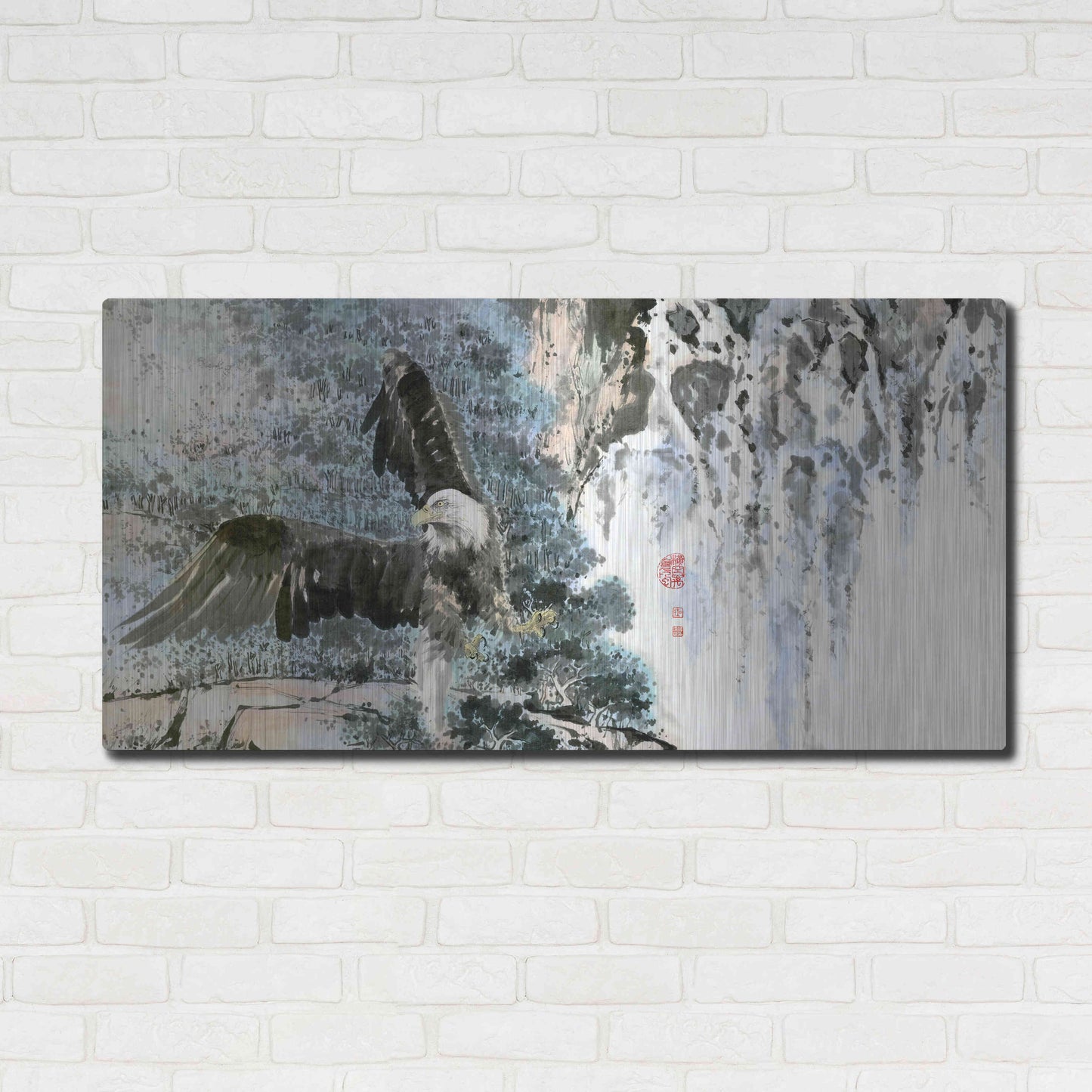 Luxe Metal Art 'Bald Eagle Over Cascading Waterfalls' by River Han, Metal Wall Art,48x24