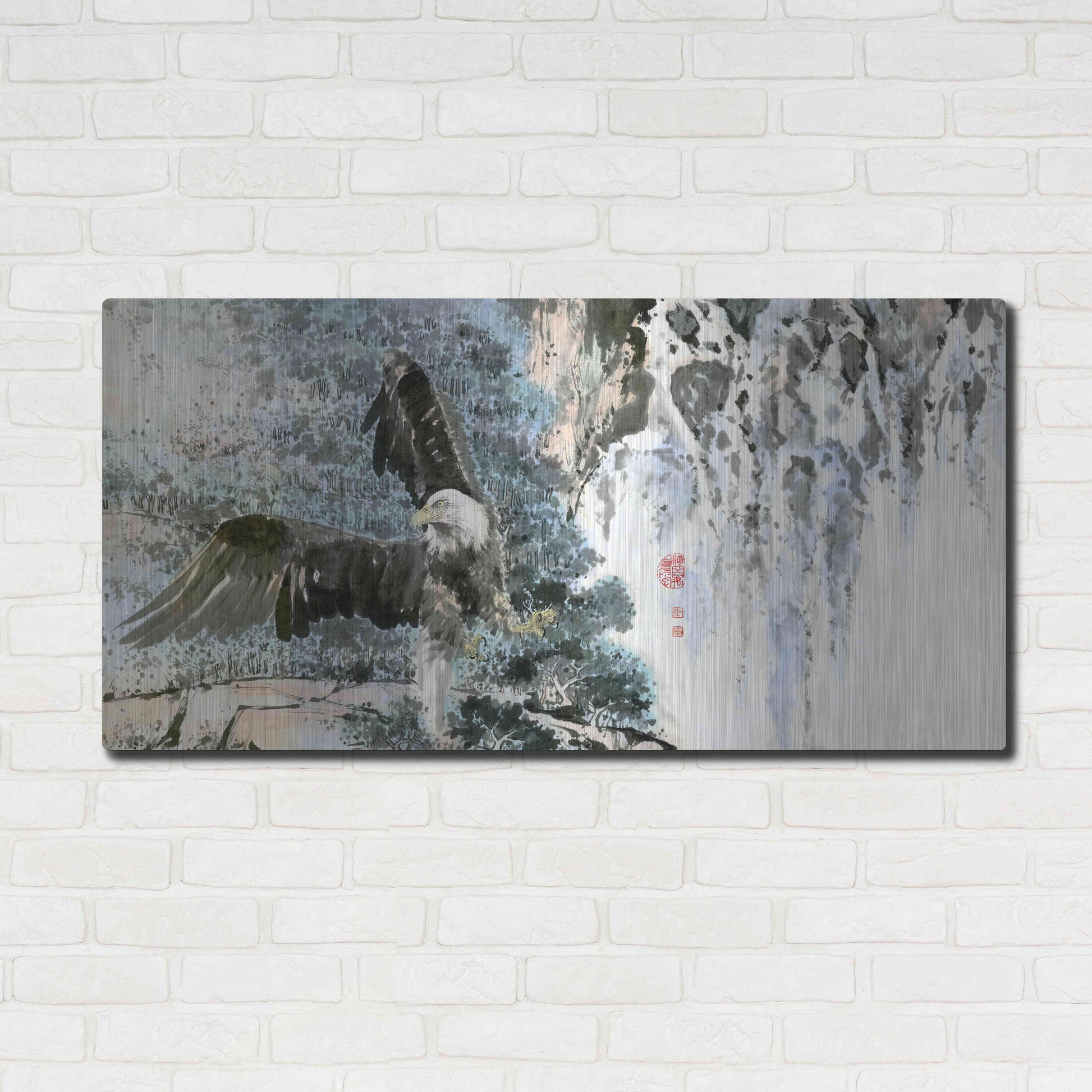 Luxe Metal Art 'Bald Eagle Over Cascading Waterfalls' by River Han, Metal Wall Art,48x24