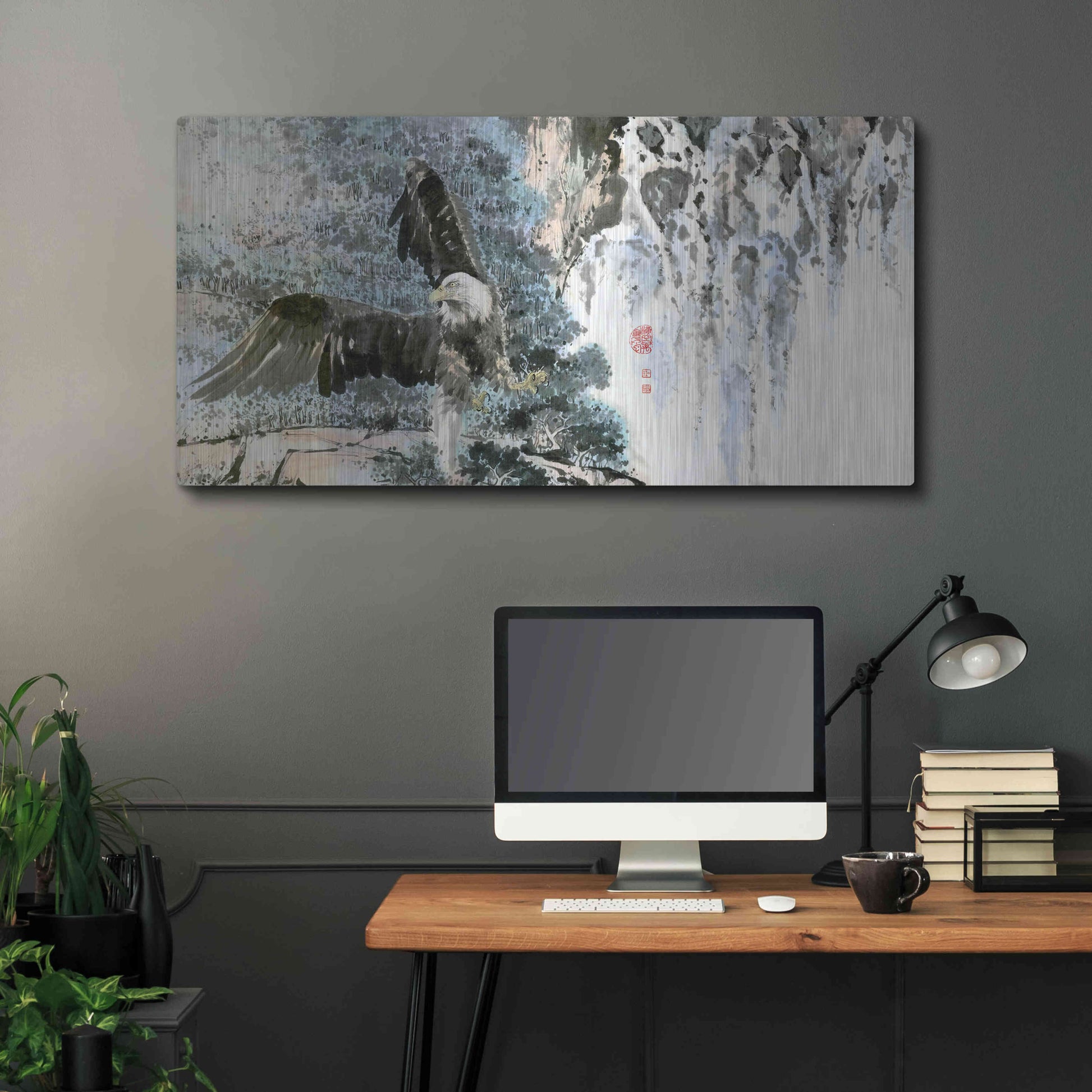 Luxe Metal Art 'Bald Eagle Over Cascading Waterfalls' by River Han, Metal Wall Art,48x24