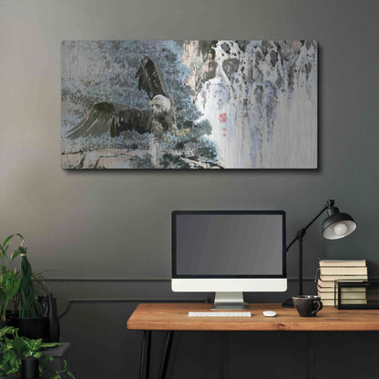 Luxe Metal Art 'Bald Eagle Over Cascading Waterfalls' by River Han, Metal Wall Art,48x24