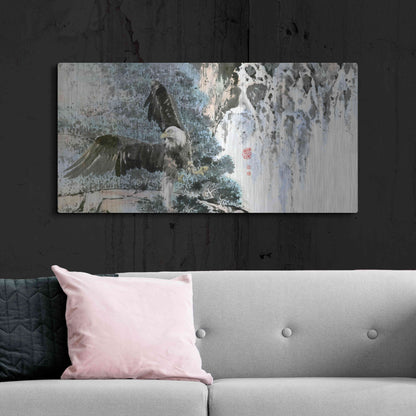 Luxe Metal Art 'Bald Eagle Over Cascading Waterfalls' by River Han, Metal Wall Art,48x24