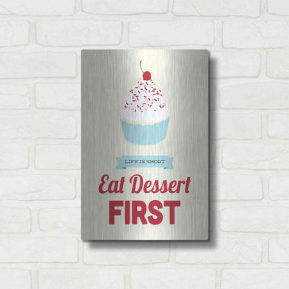 Luxe Metal Art 'Eat Dessert First' by Genesis Duncan, Metal Wall Art,12x16