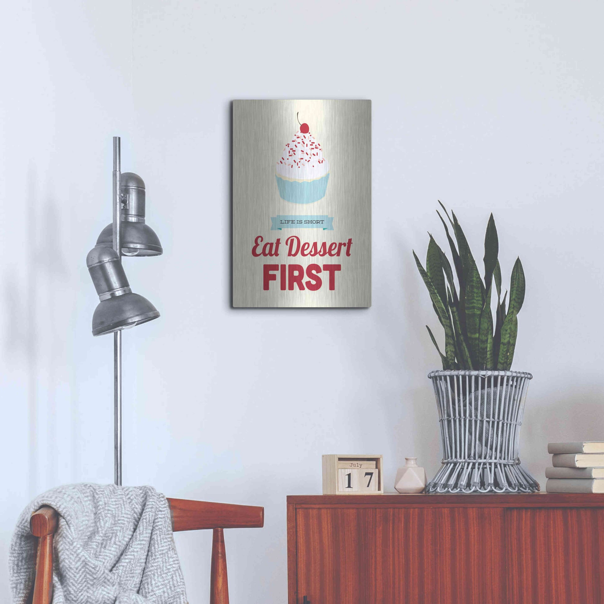 Luxe Metal Art 'Eat Dessert First' by Genesis Duncan, Metal Wall Art,16x24