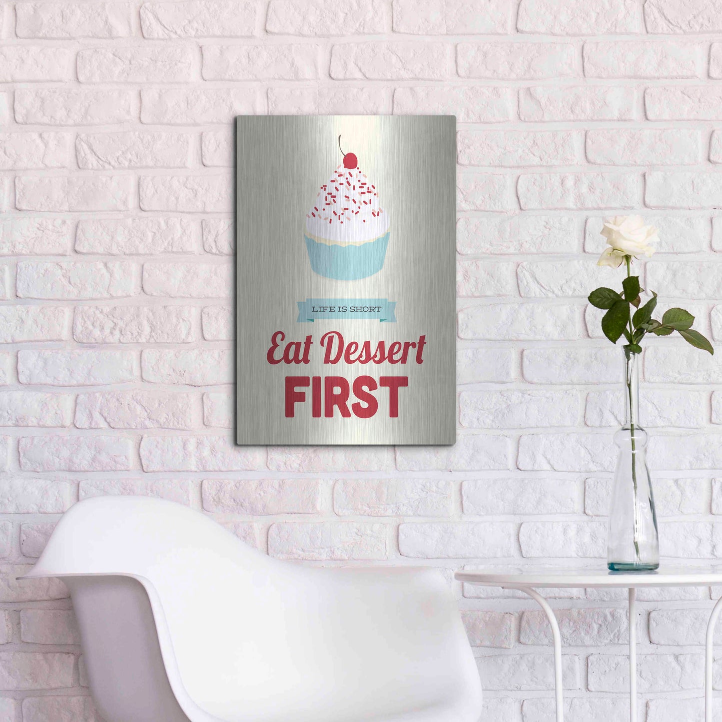 Luxe Metal Art 'Eat Dessert First' by Genesis Duncan, Metal Wall Art,16x24