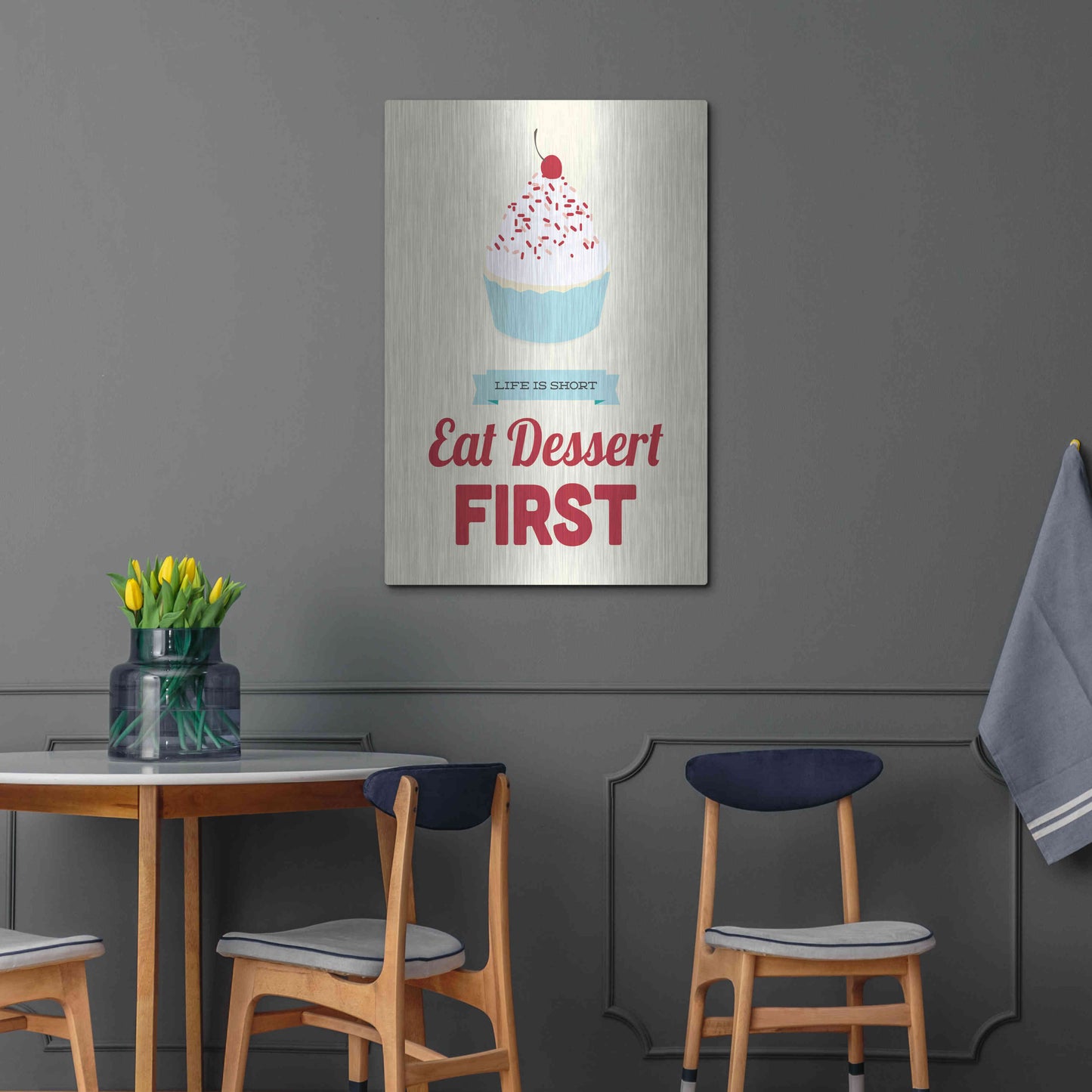 Luxe Metal Art 'Eat Dessert First' by Genesis Duncan, Metal Wall Art,24x36