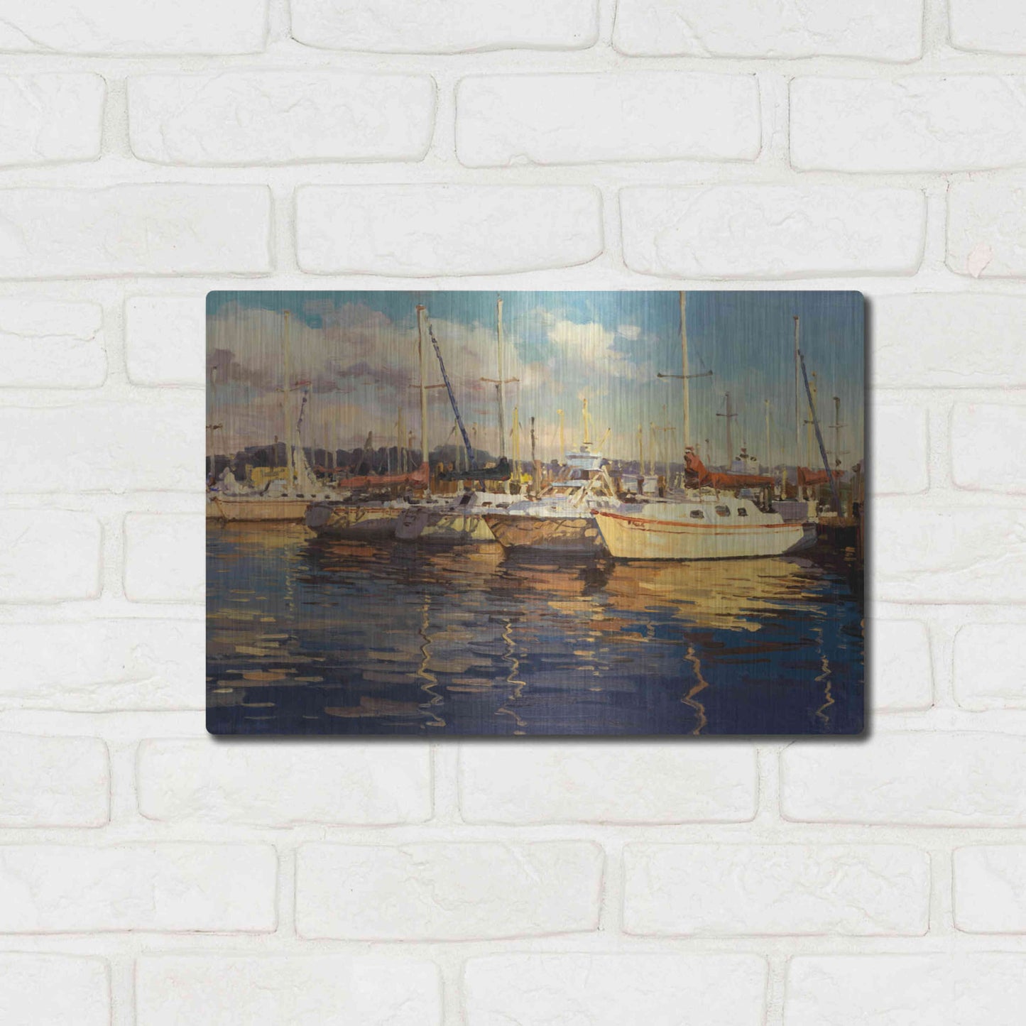 Luxe Metal Art 'Boats on Glassy Harbor' by Furtesen, Metal Wall Art,16x12