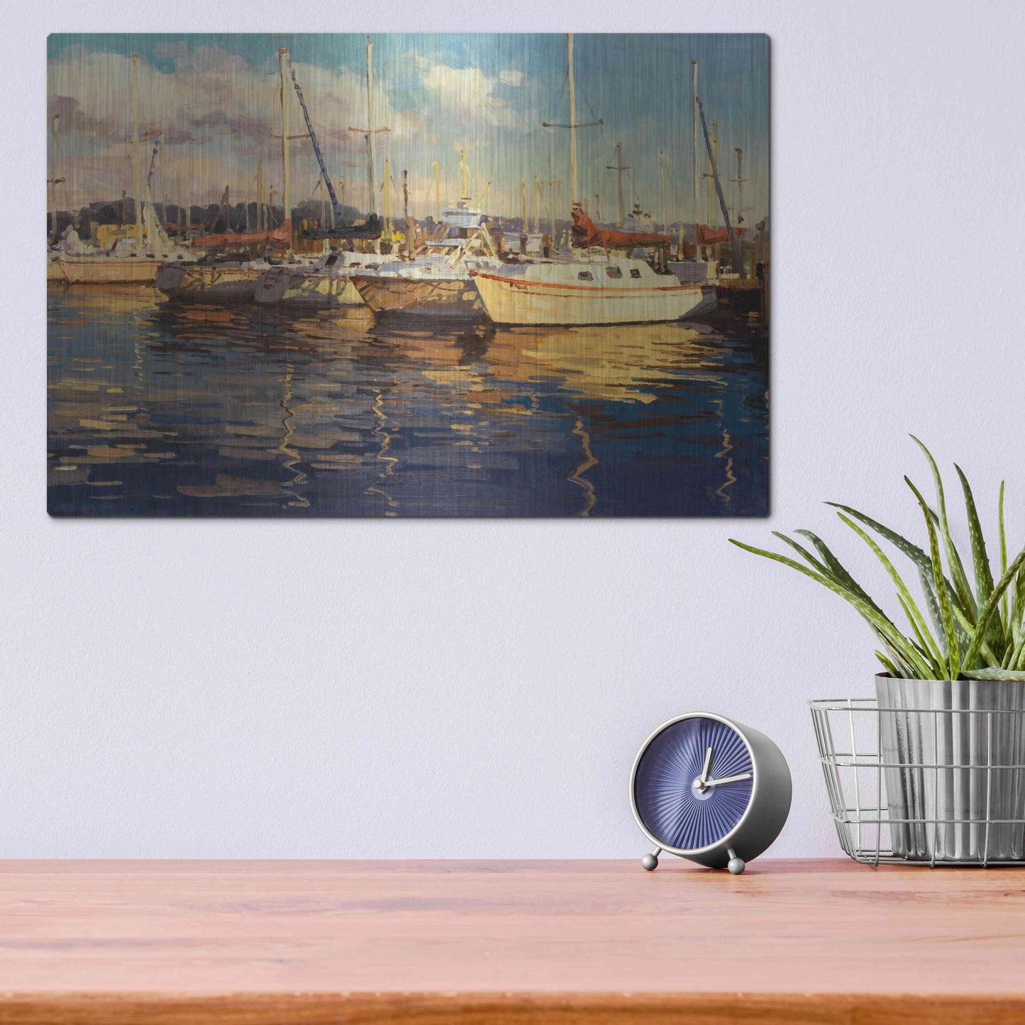 Luxe Metal Art 'Boats on Glassy Harbor' by Furtesen, Metal Wall Art,16x12