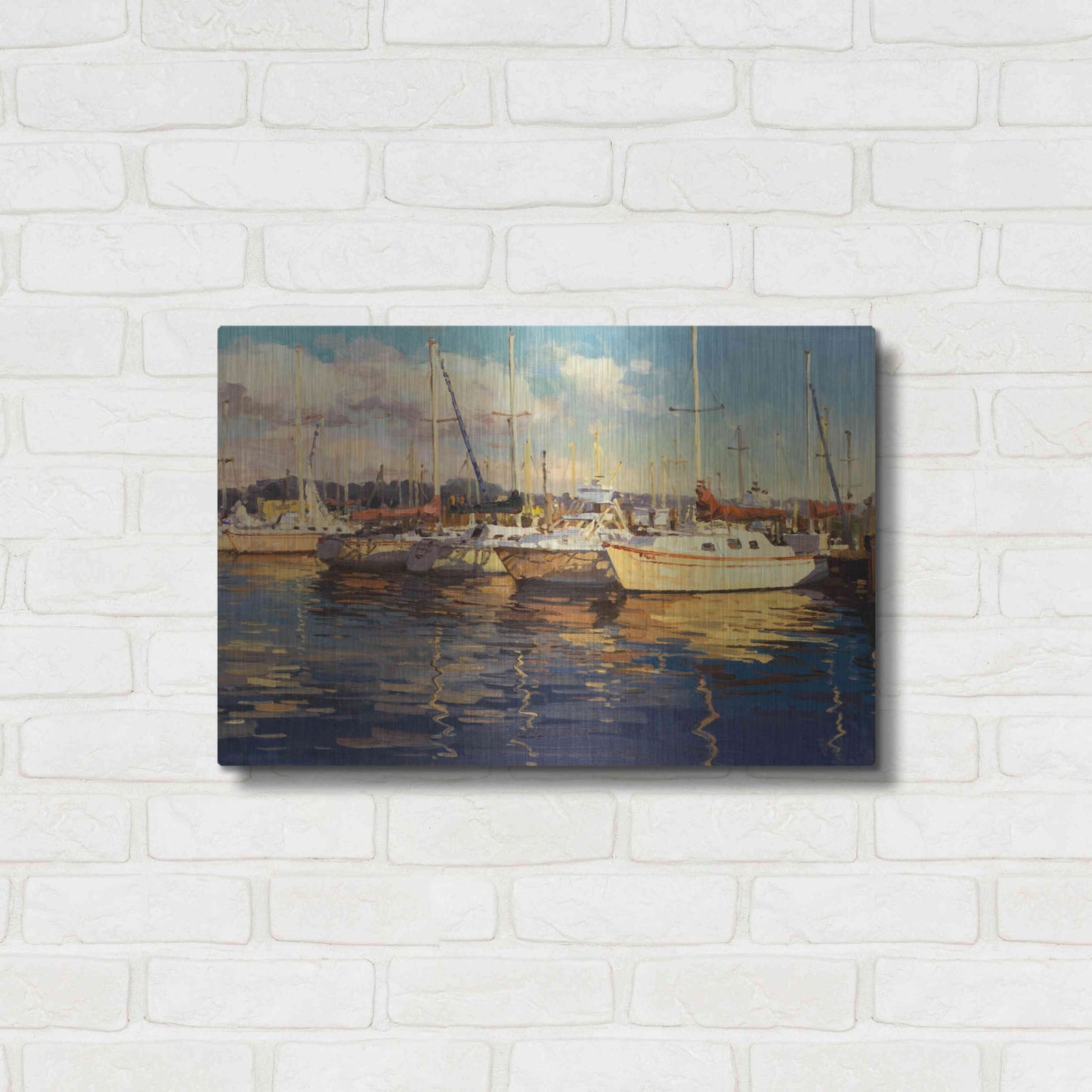 Luxe Metal Art 'Boats on Glassy Harbor' by Furtesen, Metal Wall Art,24x16