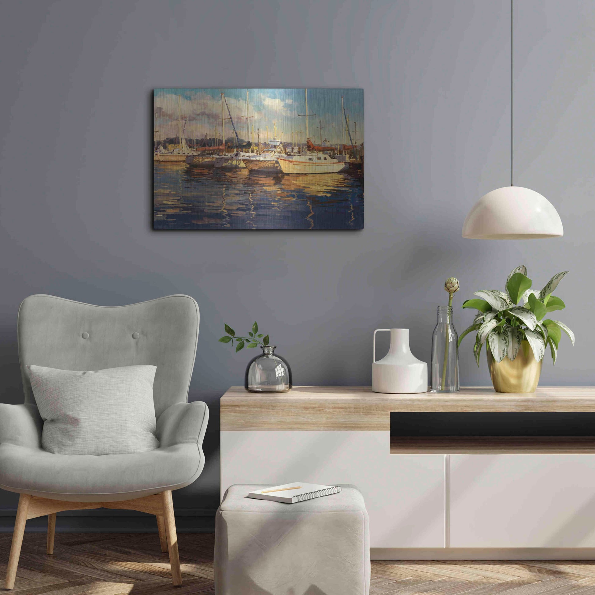 Luxe Metal Art 'Boats on Glassy Harbor' by Furtesen, Metal Wall Art,24x16