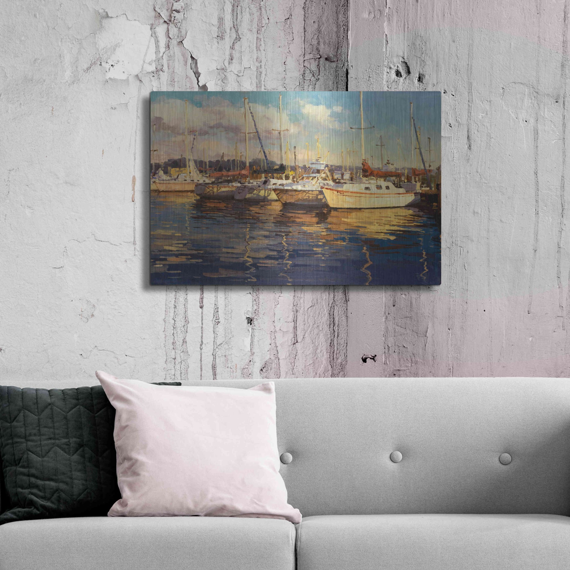 Luxe Metal Art 'Boats on Glassy Harbor' by Furtesen, Metal Wall Art,36x24