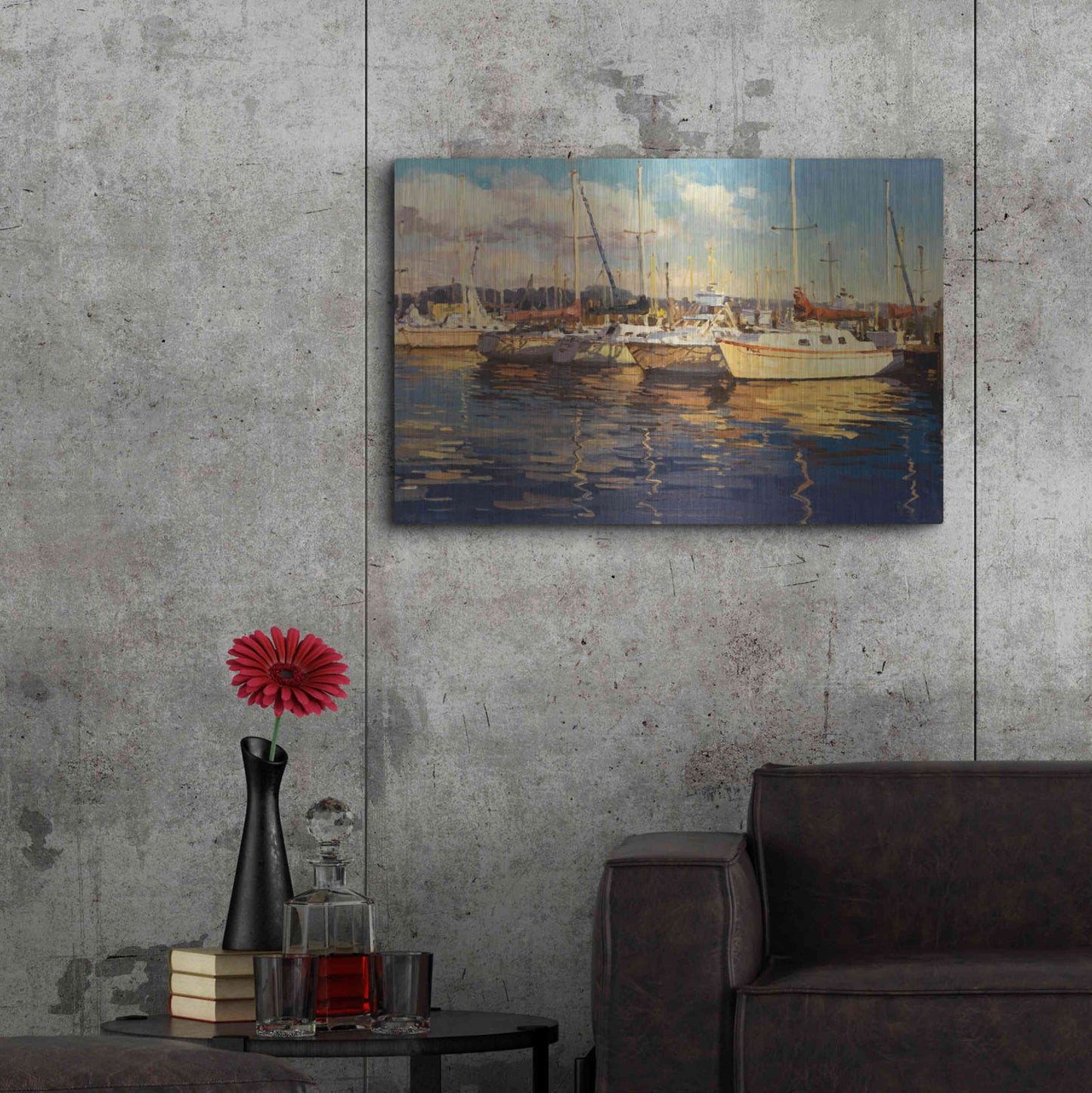 Luxe Metal Art 'Boats on Glassy Harbor' by Furtesen, Metal Wall Art,36x24