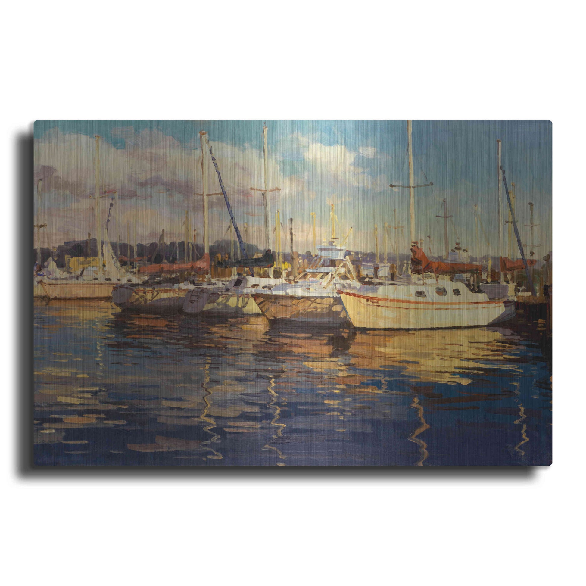 Luxe Metal Art 'Boats on Glassy Harbor' by Furtesen, Metal Wall Art