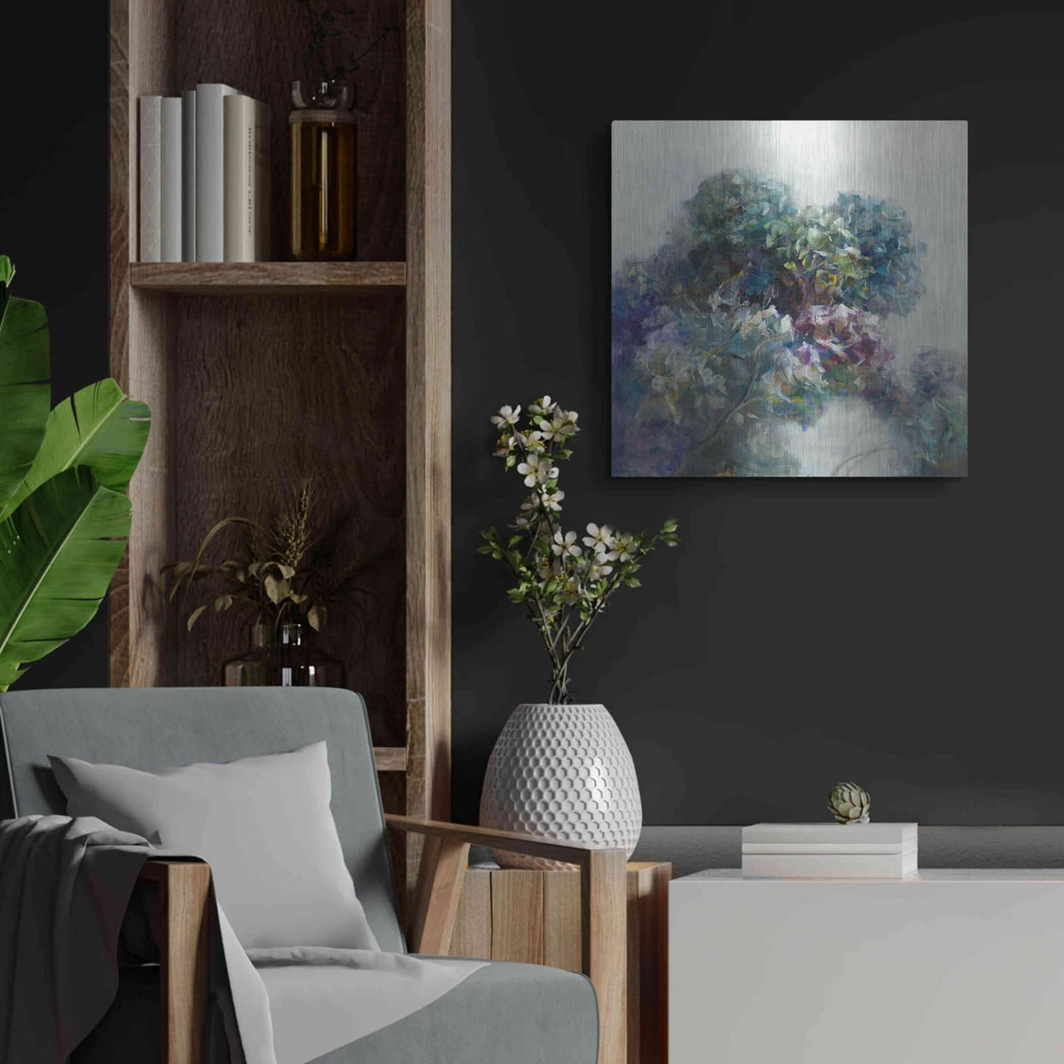 'Abstract Hydrangea' by Danhui Nai – Metal Wall Art, 24x24 room view