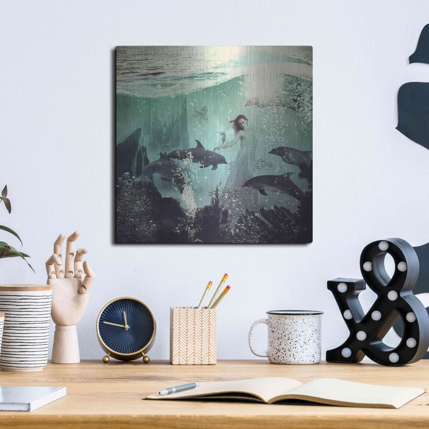 Luxe Metal Art 'The Sea Unicorn Lady' by Paula Belle Flores, Metal Wall Art,12x12