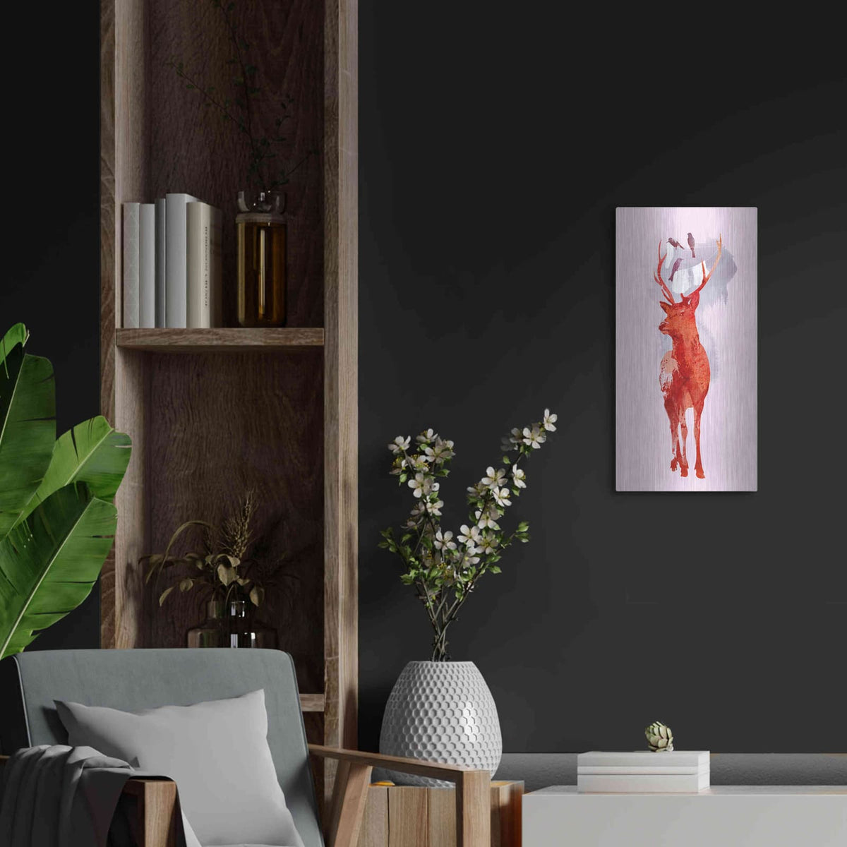 'Useless Deer' by Robert Farkas – Metal Wall Art, 12x24 room view