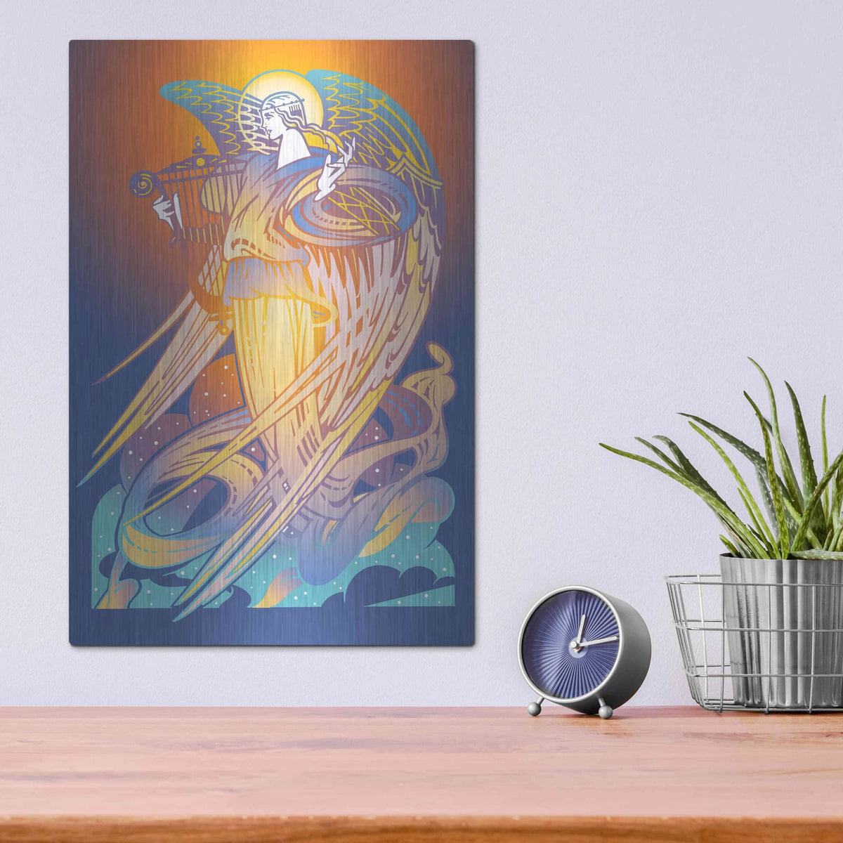 'New Angel With Harp' by David Chestnutt – Metal Wall Art, 12x16 room view