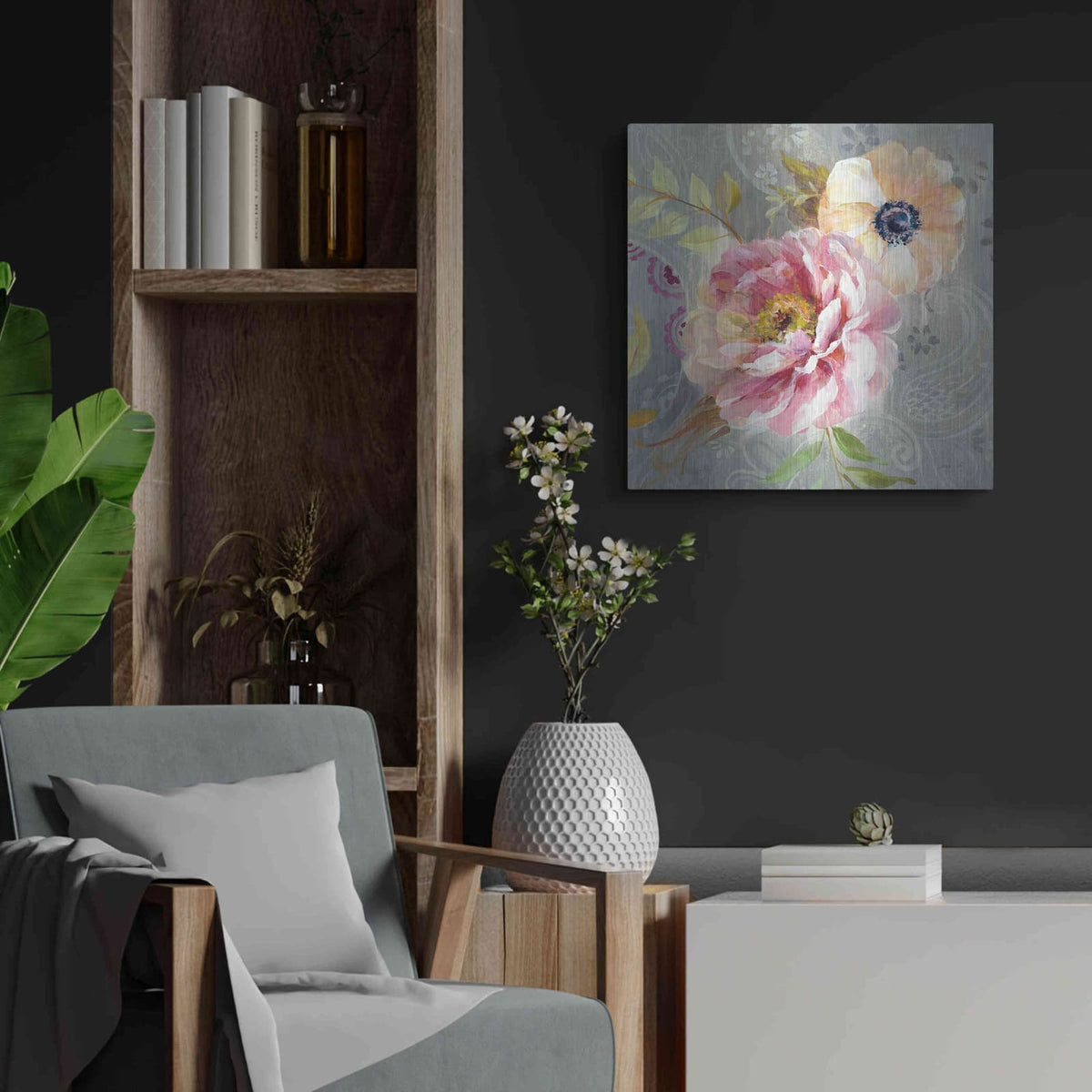 'Peonies and Paisley III' by Danhui Nai – Metal Wall Art, 24x24 room view