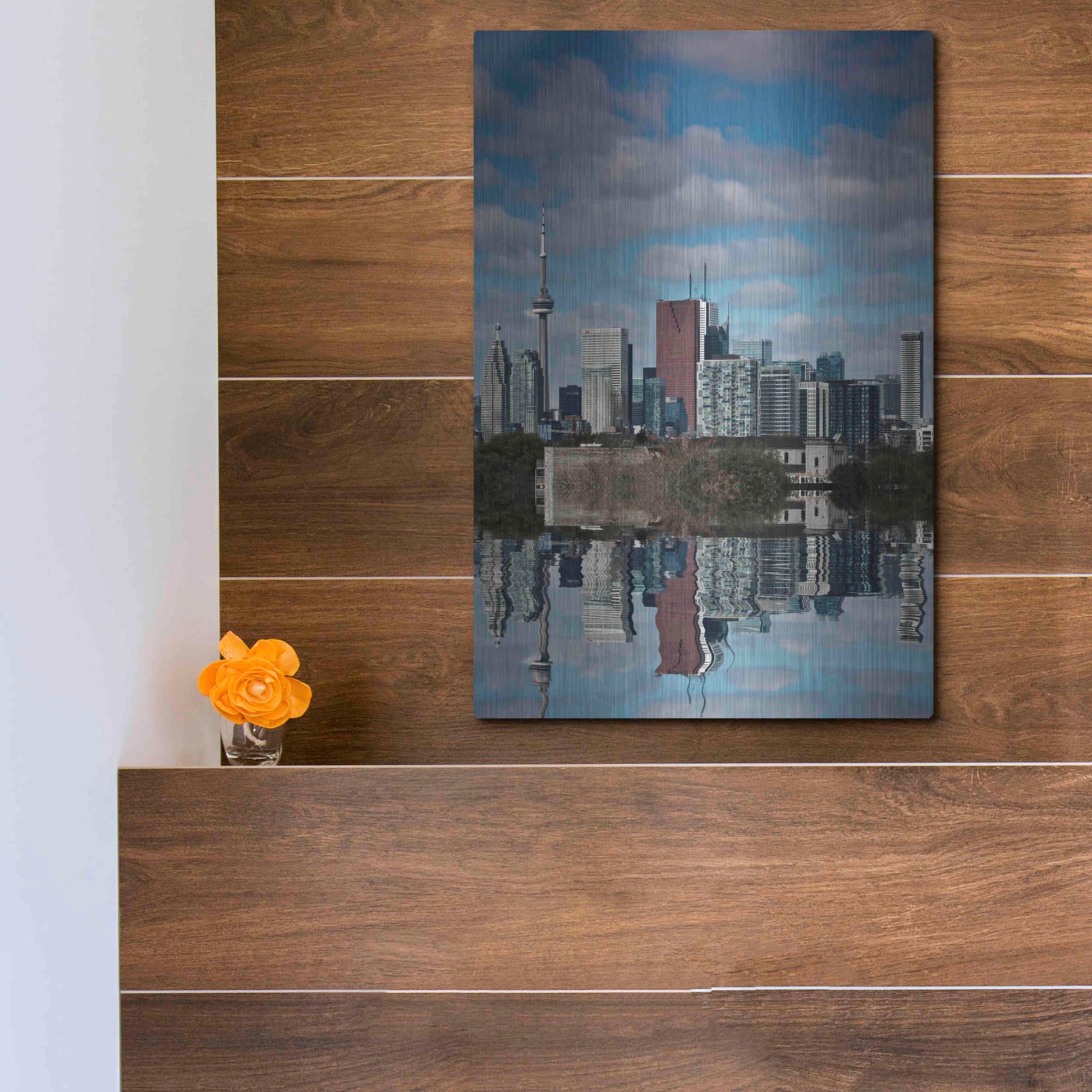 Luxe Metal Art 'Toronto Skyline From The Pape Ave Bridge Reflection No 1' by Brian Carson, Metal Wall Art,12x16