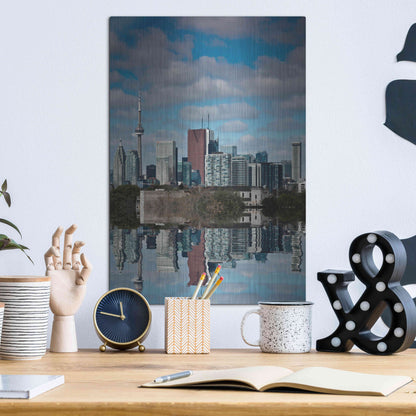 Luxe Metal Art 'Toronto Skyline From The Pape Ave Bridge Reflection No 1' by Brian Carson, Metal Wall Art,12x16