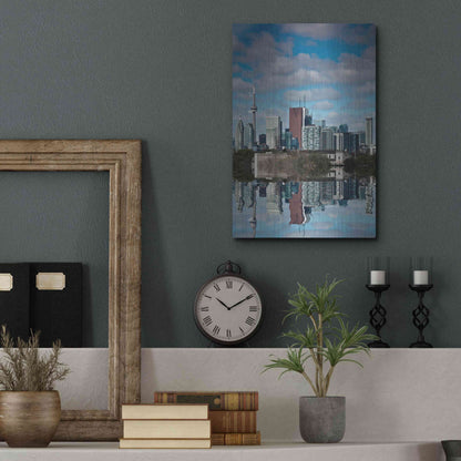 Luxe Metal Art 'Toronto Skyline From The Pape Ave Bridge Reflection No 1' by Brian Carson, Metal Wall Art,12x16