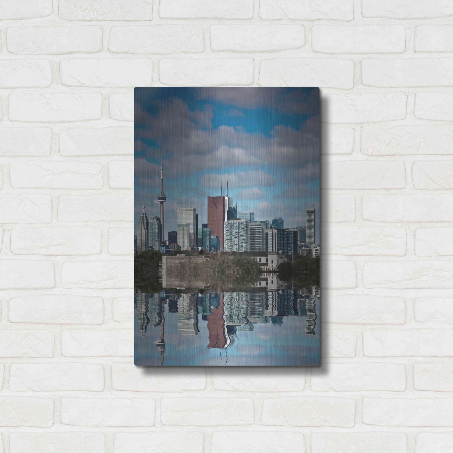 Luxe Metal Art 'Toronto Skyline From The Pape Ave Bridge Reflection No 1' by Brian Carson, Metal Wall Art,16x24