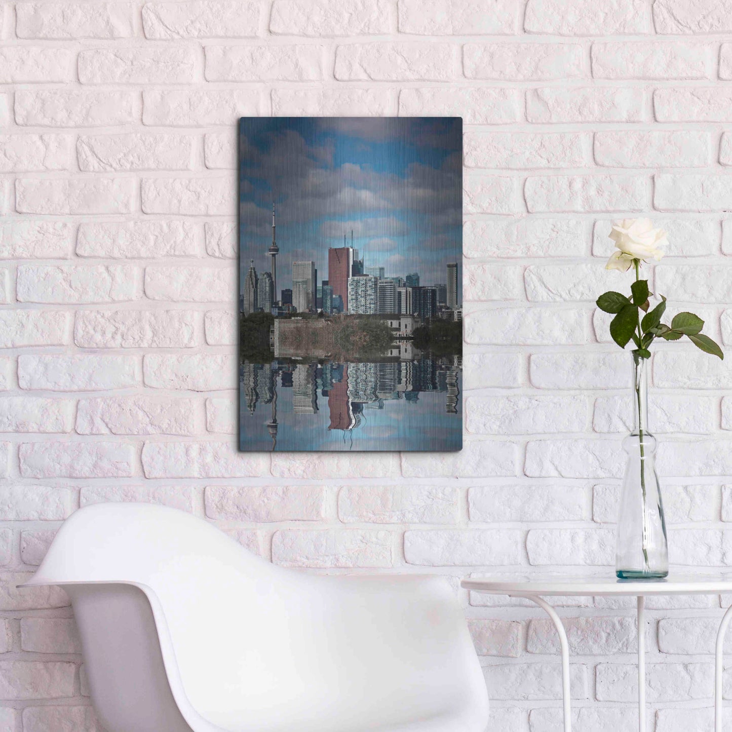 Luxe Metal Art 'Toronto Skyline From The Pape Ave Bridge Reflection No 1' by Brian Carson, Metal Wall Art,16x24