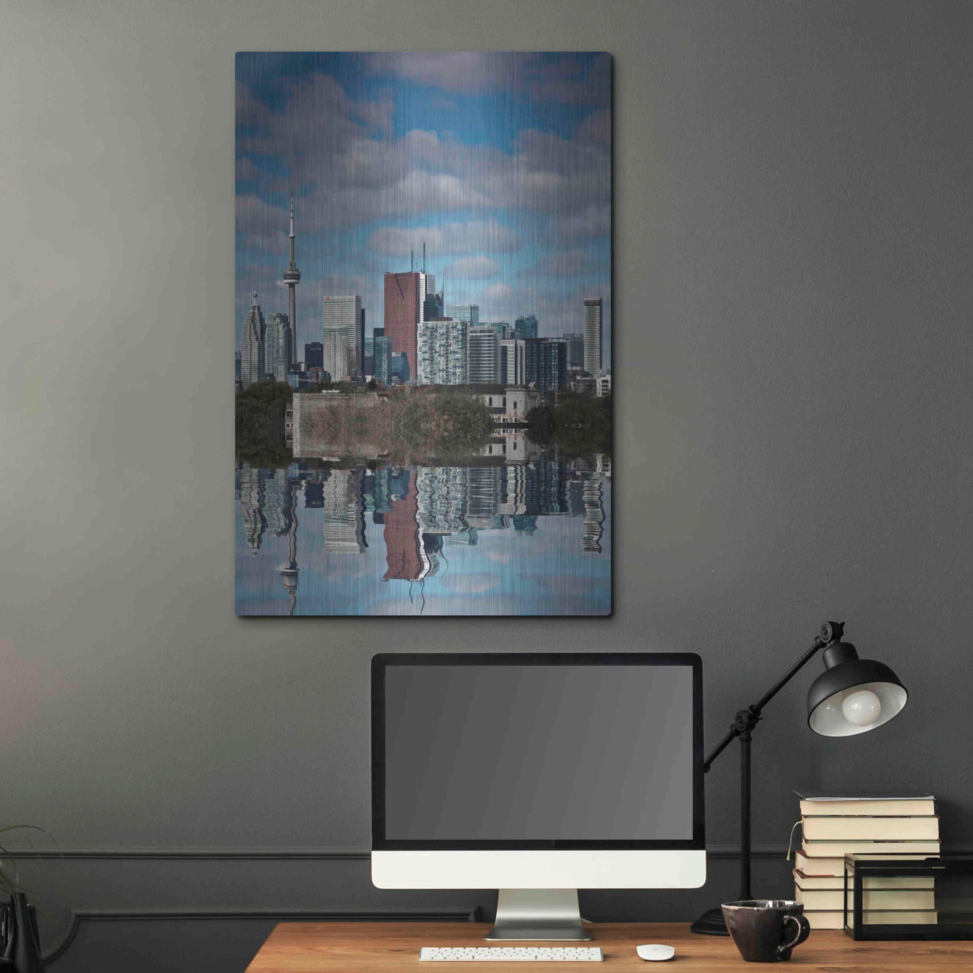 Luxe Metal Art 'Toronto Skyline From The Pape Ave Bridge Reflection No 1' by Brian Carson, Metal Wall Art,24x36