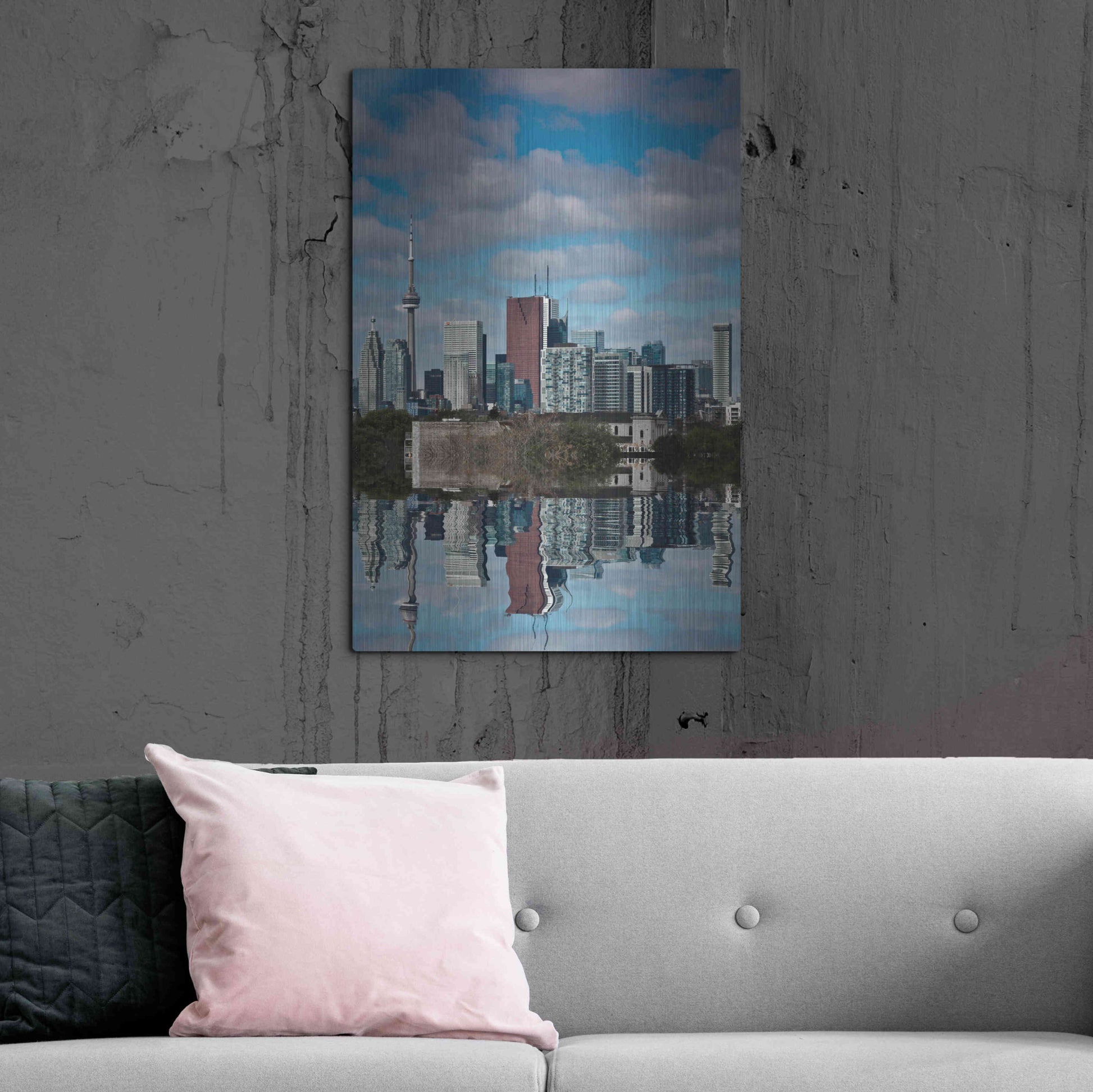 Luxe Metal Art 'Toronto Skyline From The Pape Ave Bridge Reflection No 1' by Brian Carson, Metal Wall Art,24x36