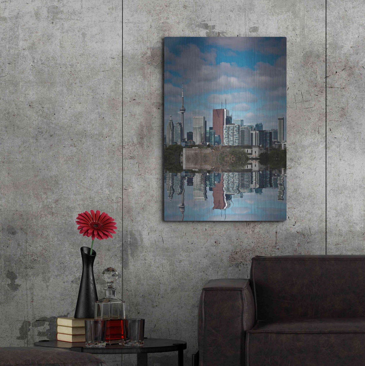 Luxe Metal Art 'Toronto Skyline From The Pape Ave Bridge Reflection No 1' by Brian Carson, Metal Wall Art,24x36