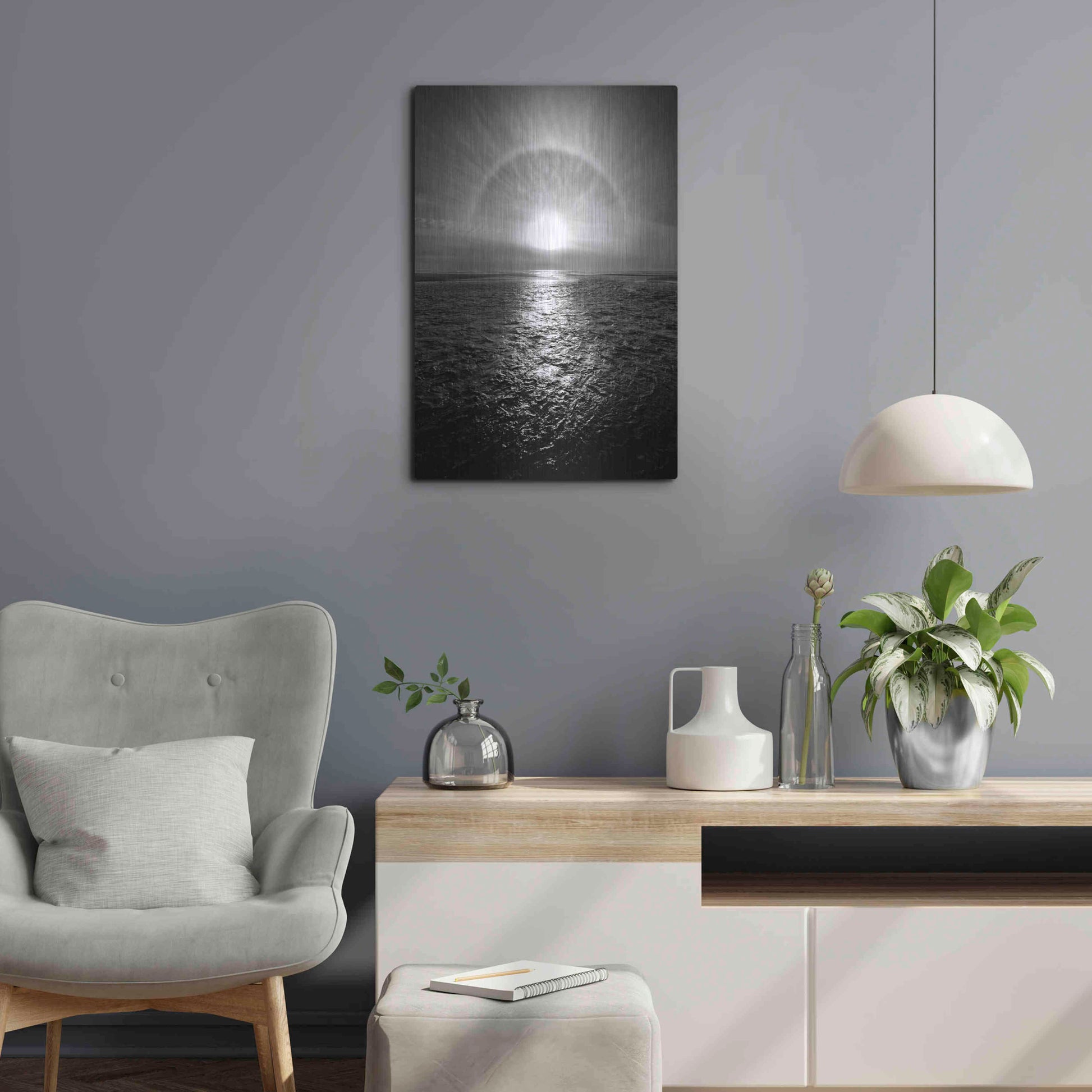 Luxe Metal Art 'Sun Halo Streak Silver' by Thomas Haney, Metal Wall Art,16x24