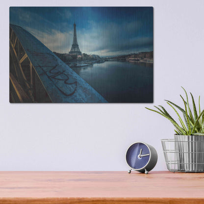 Luxe Metal Art 'Blue Eiffel Tower' by Sebastien Lory, Metal Wall Art,16x12