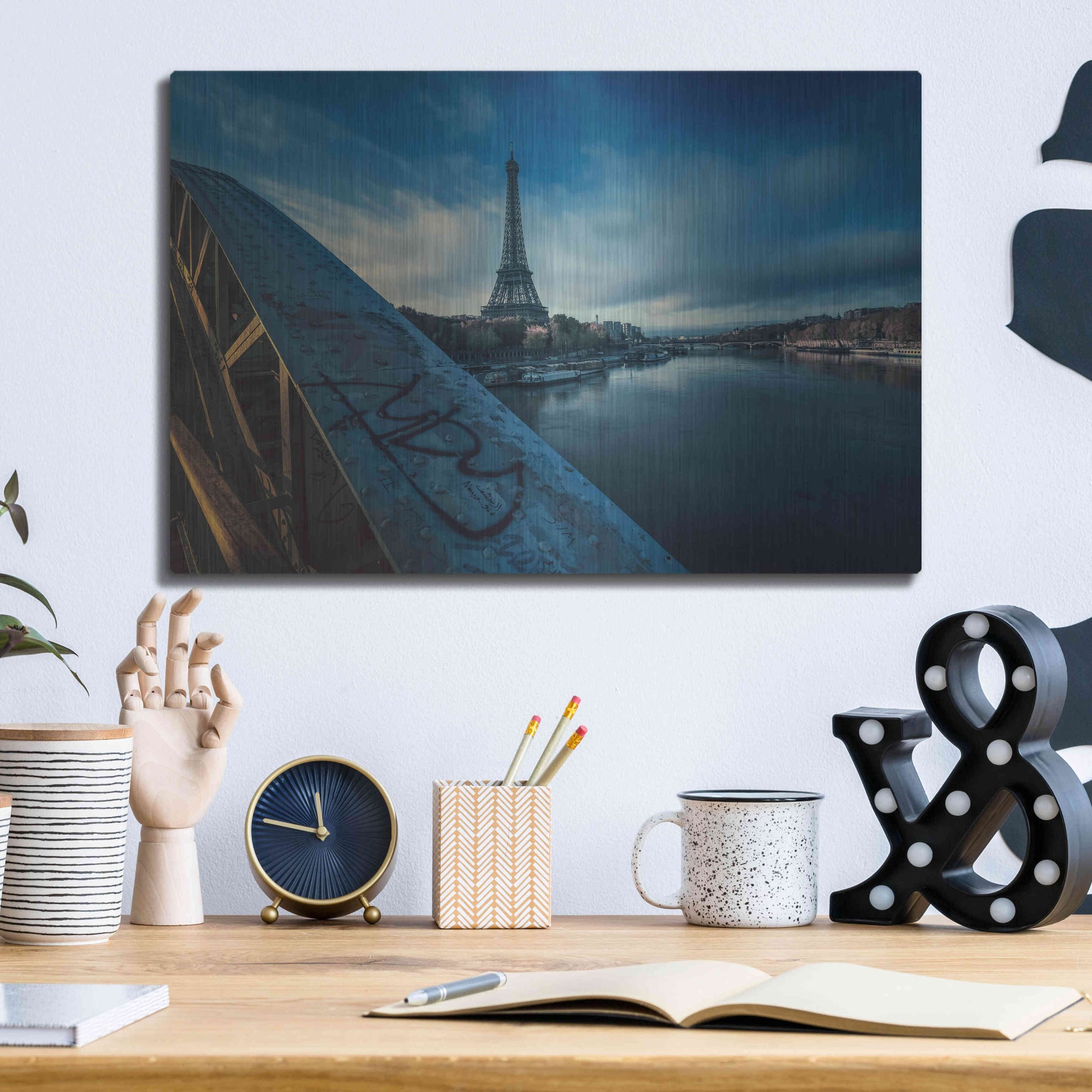 Luxe Metal Art 'Blue Eiffel Tower' by Sebastien Lory, Metal Wall Art,16x12