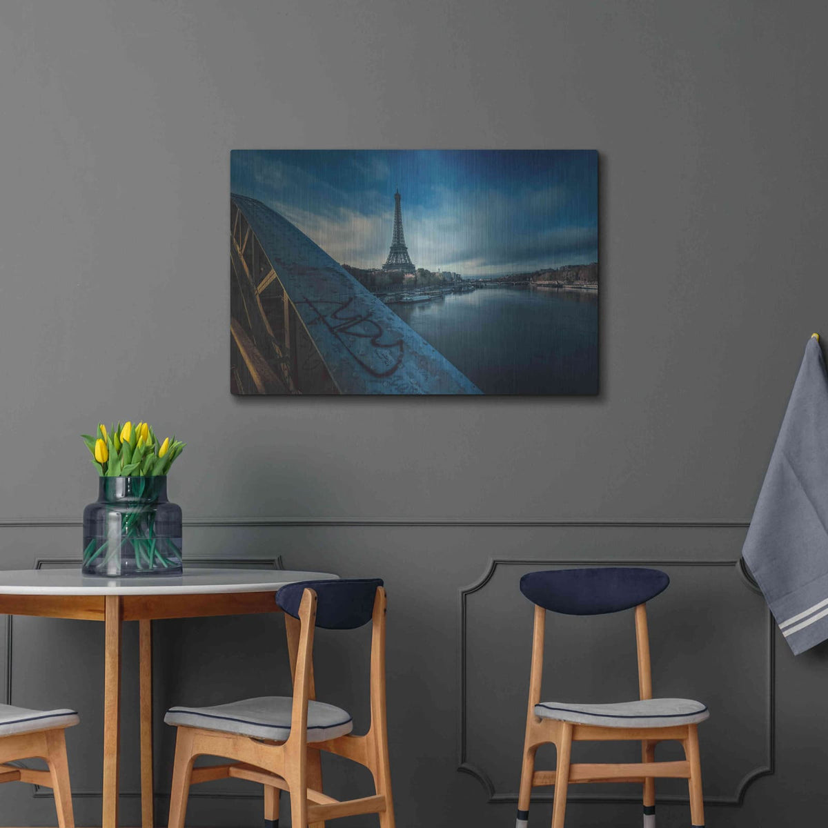 'Blue Eiffel Tower' by Sebastien Lory – Metal Wall Art, 36x24 room view