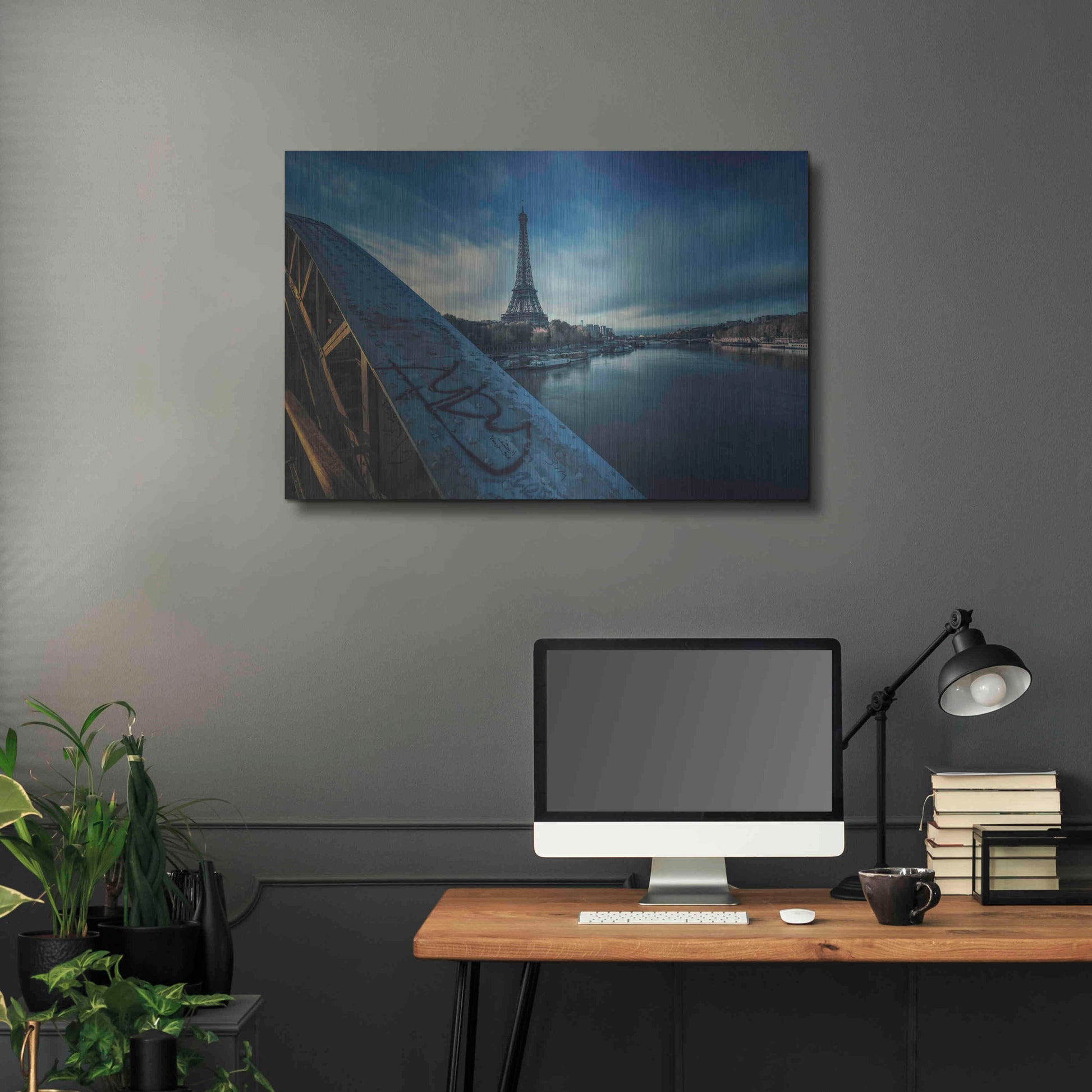 Luxe Metal Art 'Blue Eiffel Tower' by Sebastien Lory, Metal Wall Art,36x24