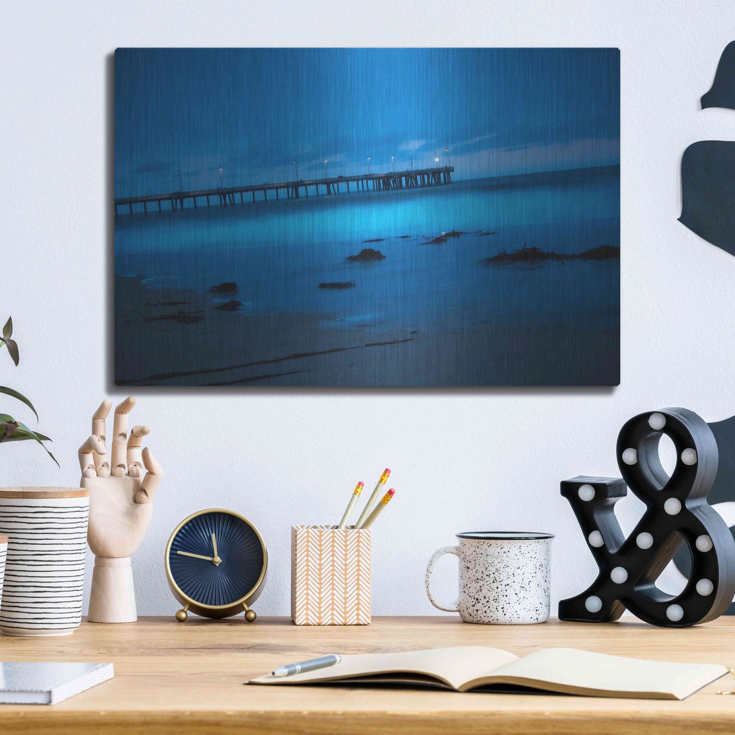 Luxe Metal Art 'Blue Hour Pier' by Sebastien Lory, Metal Wall Art,16x12