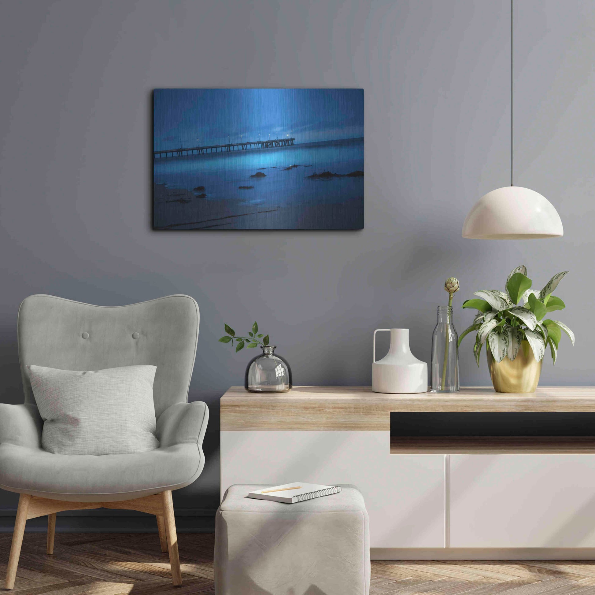 Luxe Metal Art 'Blue Hour Pier' by Sebastien Lory, Metal Wall Art,24x16