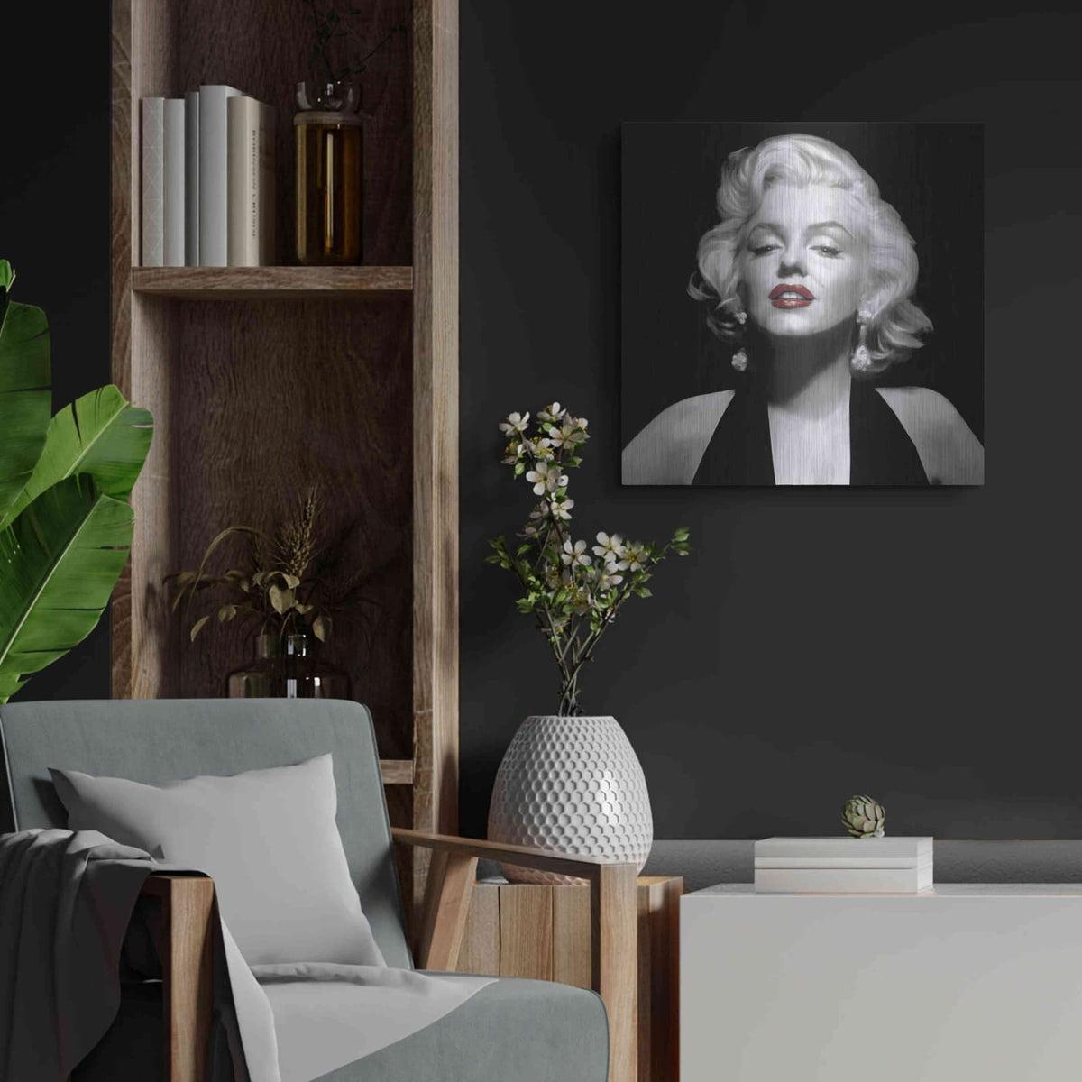 'Halter Top Marilyn Red Lips' by Chris Consani – Metal Wall Art, 24x24 room view