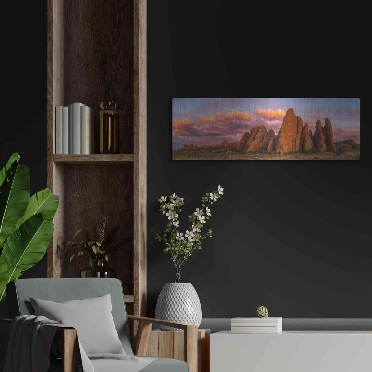 'Sunset at the Fins - Arches National Park' by Darren White – Metal Wall Art, 36x12 room view