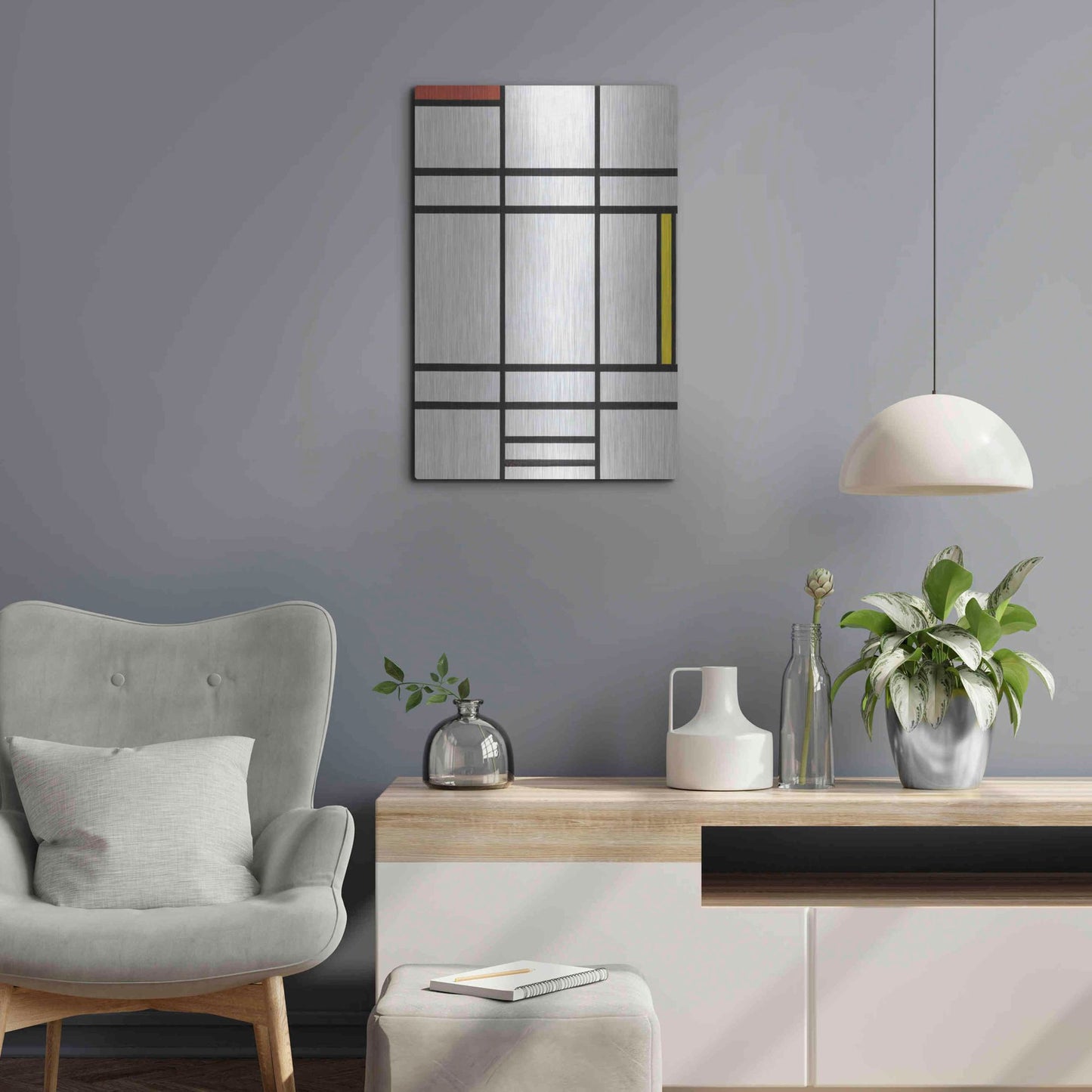 Luxe Metal Art 'Composition in White, Red, and Yellow, 1936' by Piet Mondrian, Metal Wall Art,16x24