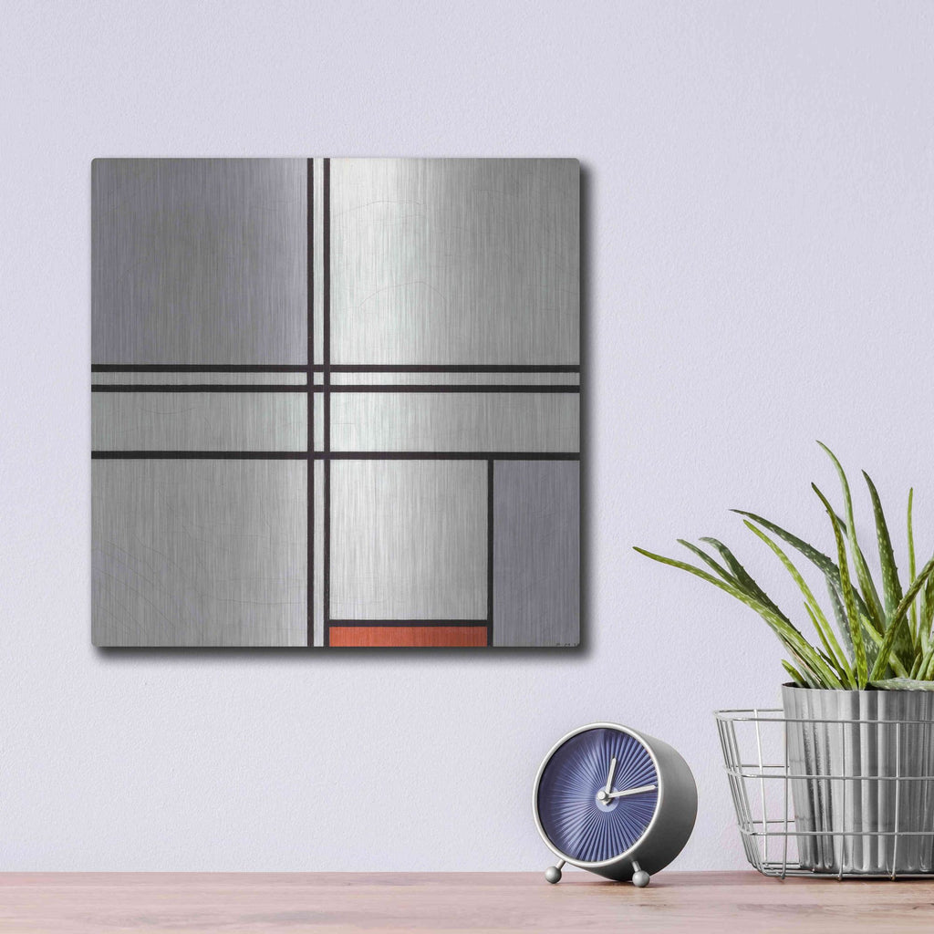 Luxe Metal Art 'Composition No. 1 Gray and Red, 1935' by Piet Mondrian, Metal Wall Art,12x12