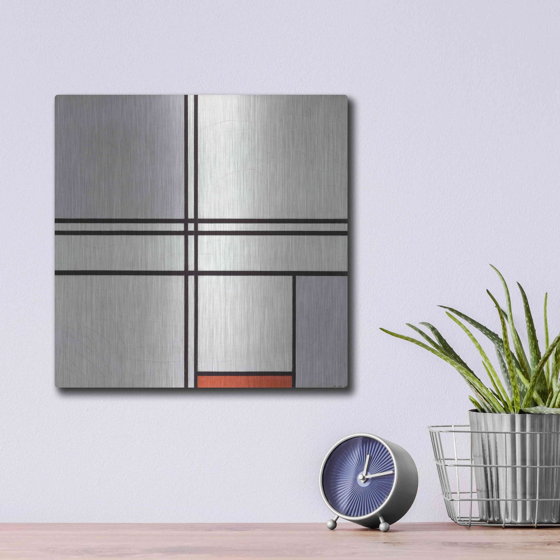 Luxe Metal Art 'Composition No. 1 Gray and Red, 1935' by Piet Mondrian, Metal Wall Art,12x12