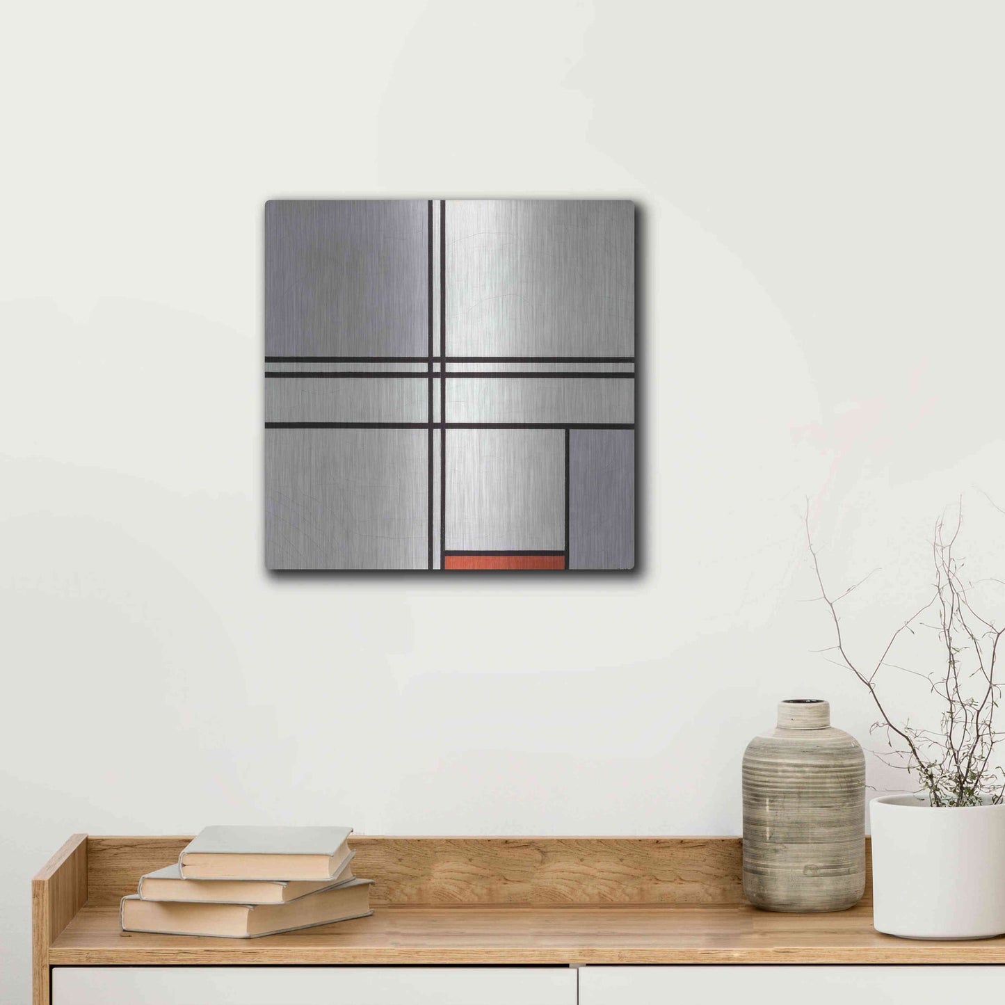 Luxe Metal Art 'Composition No. 1 Gray and Red, 1935' by Piet Mondrian, Metal Wall Art,12x12