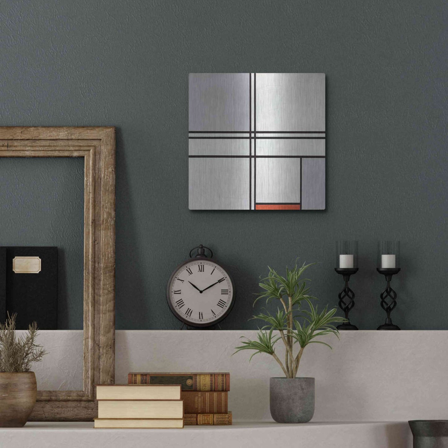 Luxe Metal Art 'Composition No. 1 Gray and Red, 1935' by Piet Mondrian, Metal Wall Art,12x12