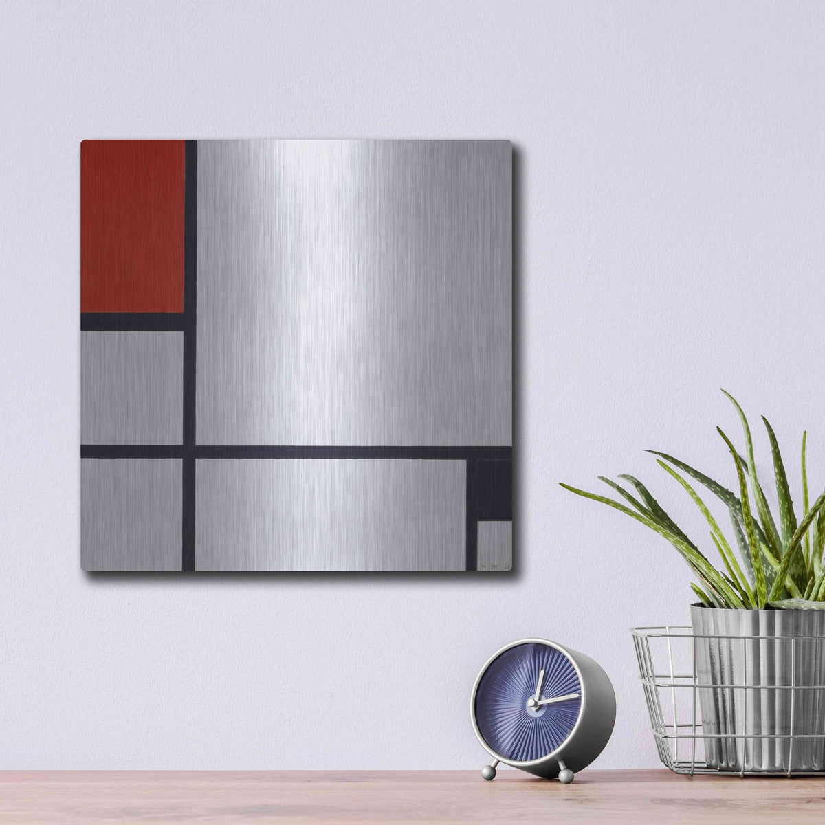 Luxe Metal Art 'Composition No. I, with Red and Black, 1929' by Piet Mondrian, Metal Wall Art,12x12