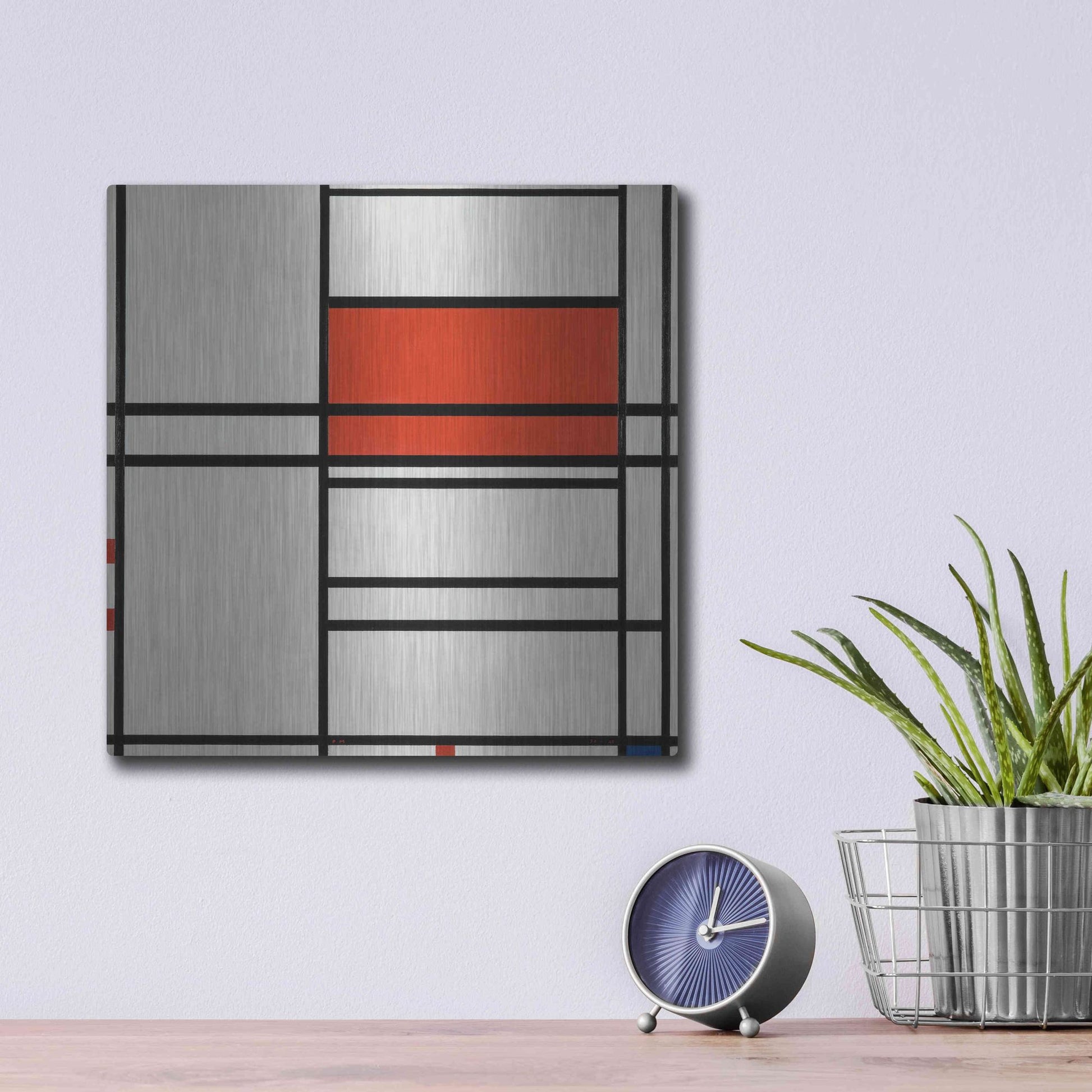 Luxe Metal Art 'Composition of Red and White; No. 1, Composition No. 4 with Red and Blue, 1938–42' by Piet Mondrian, Metal Wall Art,12x12