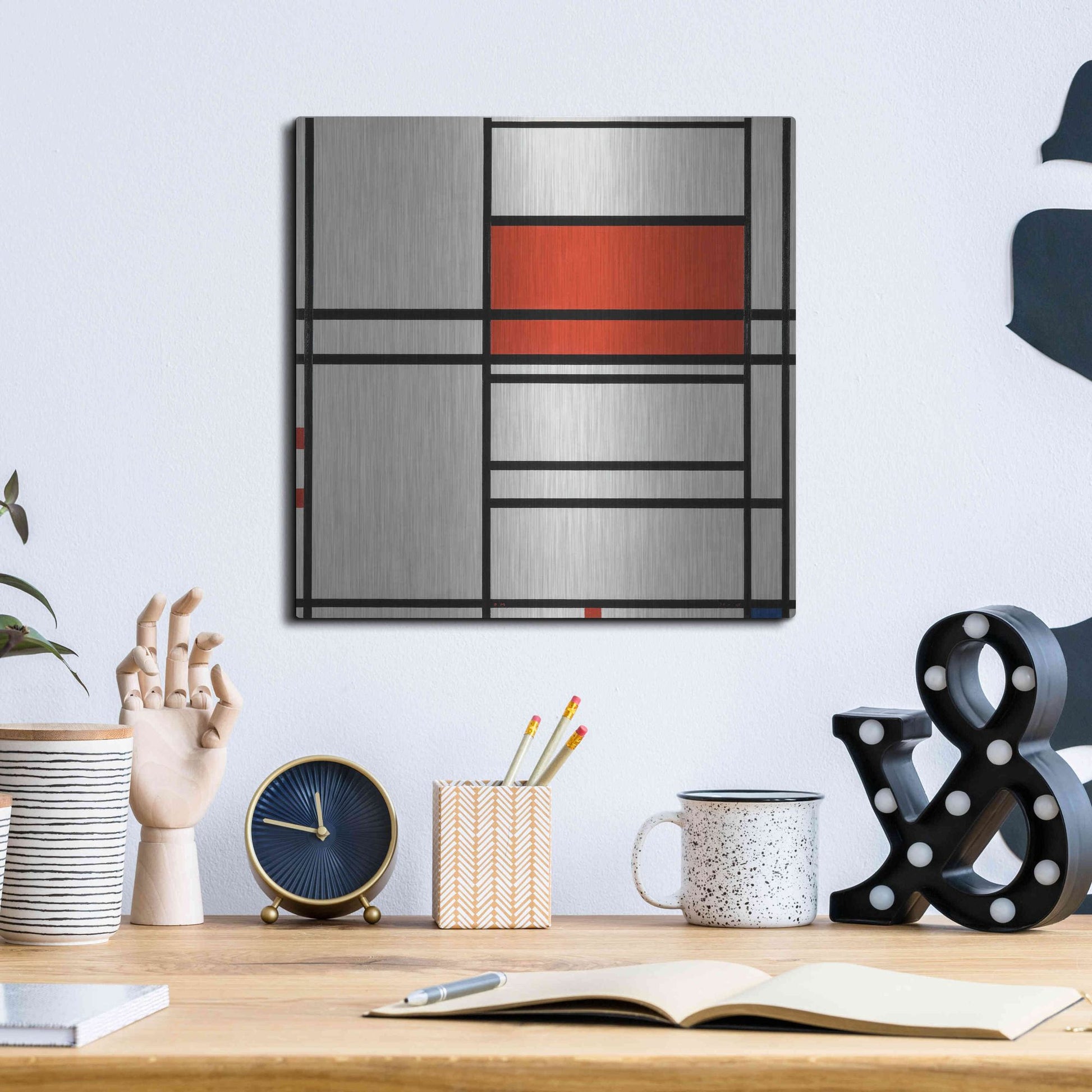 Luxe Metal Art 'Composition of Red and White; No. 1, Composition No. 4 with Red and Blue, 1938–42' by Piet Mondrian, Metal Wall Art,12x12
