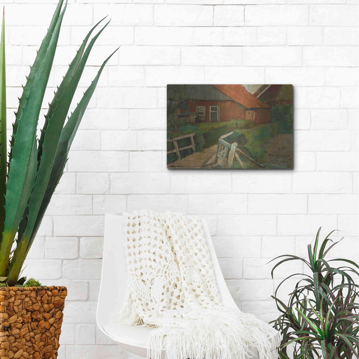 Luxe Metal Art 'Farm Building With Bridge, 1899' by Piet Mondrian, Metal Wall Art,16x12