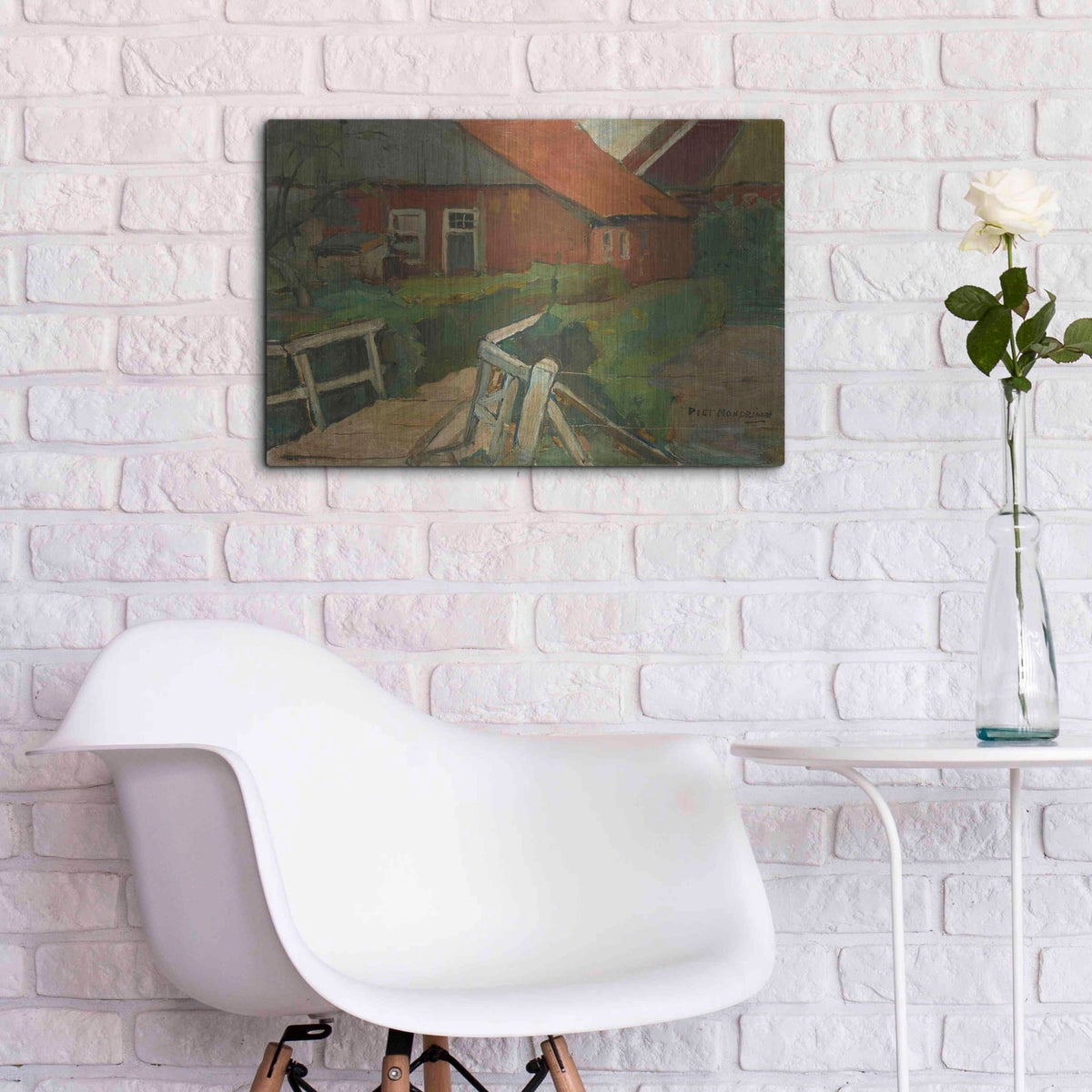 Luxe Metal Art 'Farm Building With Bridge, 1899' by Piet Mondrian, Metal Wall Art,24x16