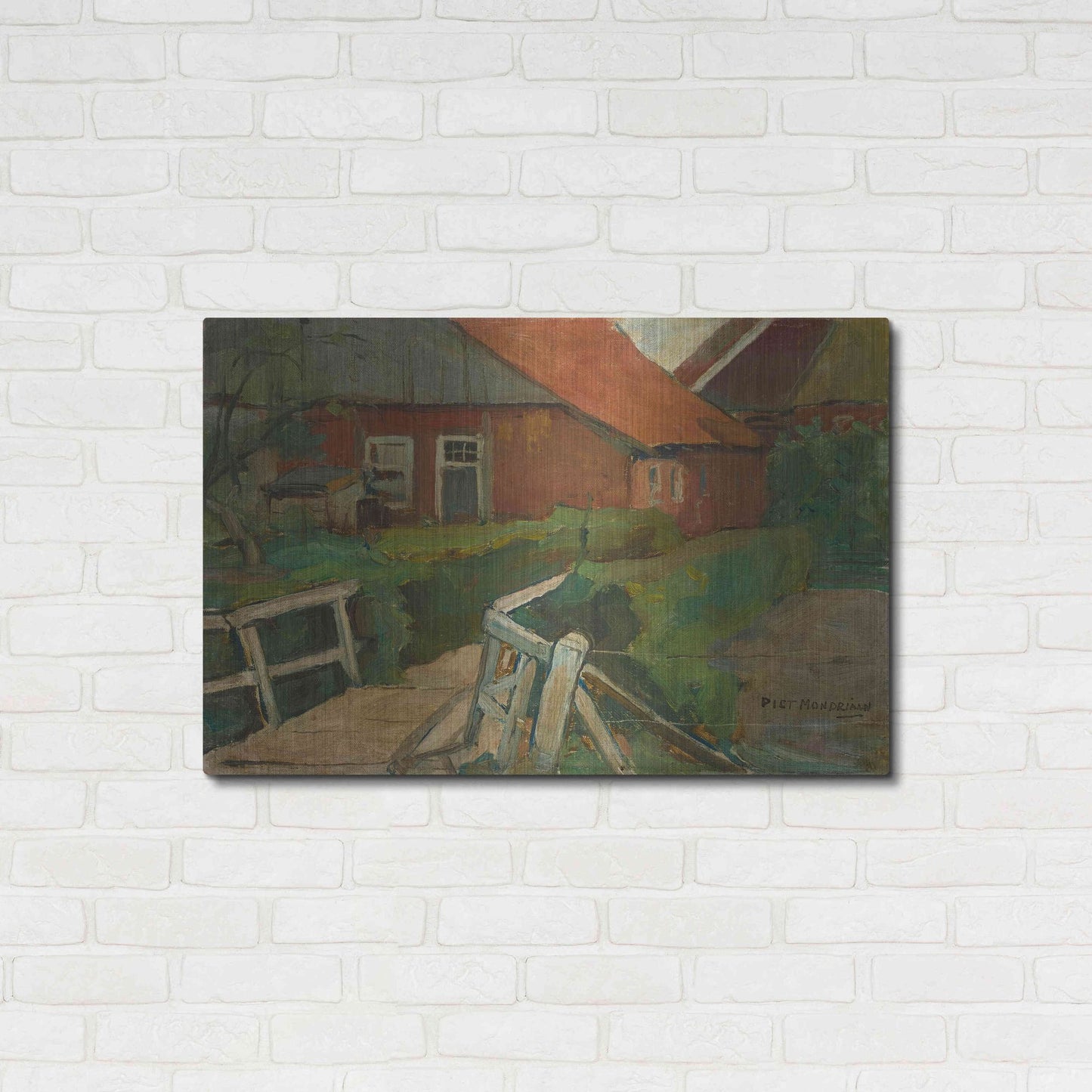 Luxe Metal Art 'Farm Building With Bridge, 1899' by Piet Mondrian, Metal Wall Art,36x24